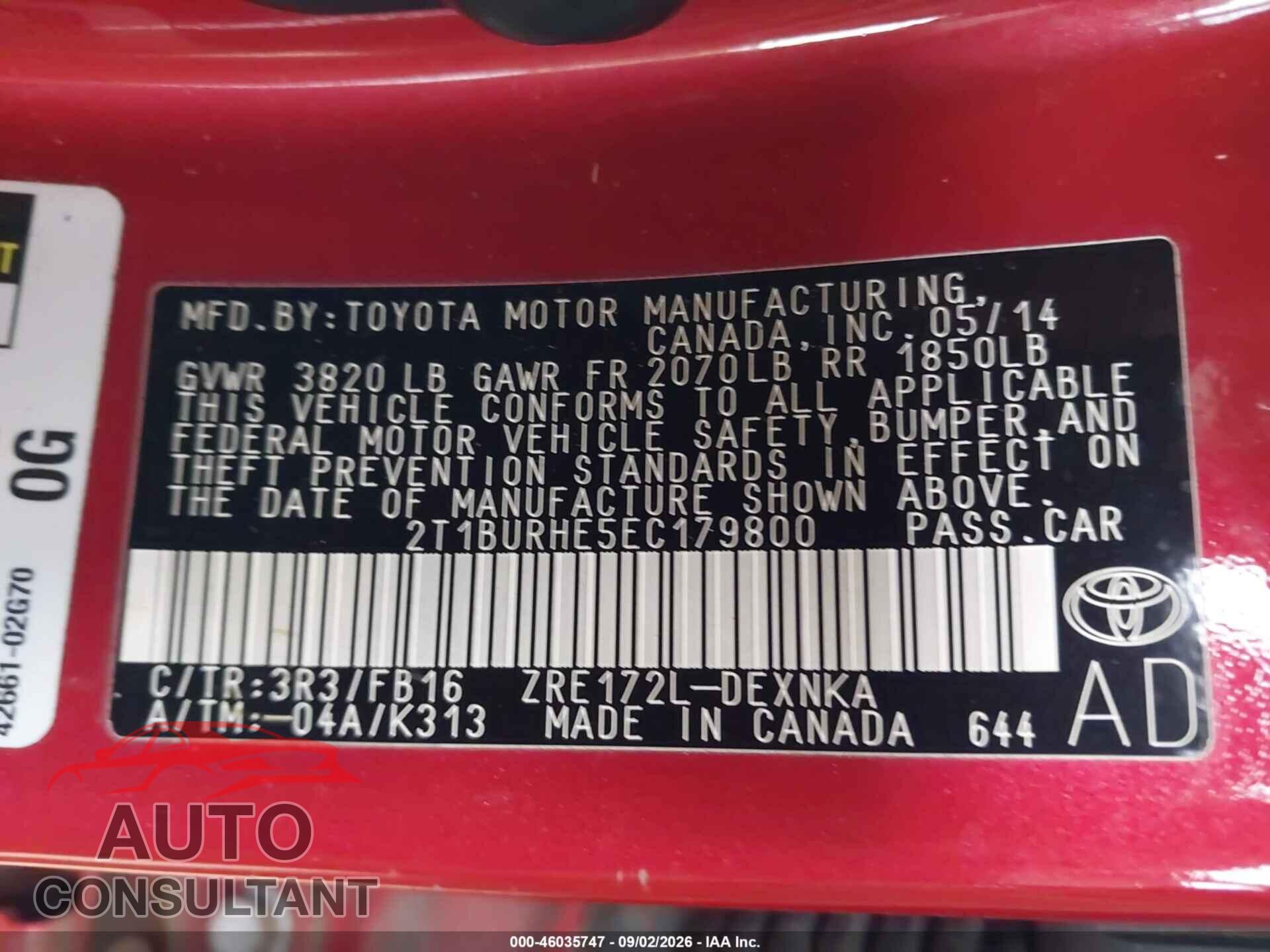 TOYOTA COROLLA 2014 - 2T1BURHE5EC179800