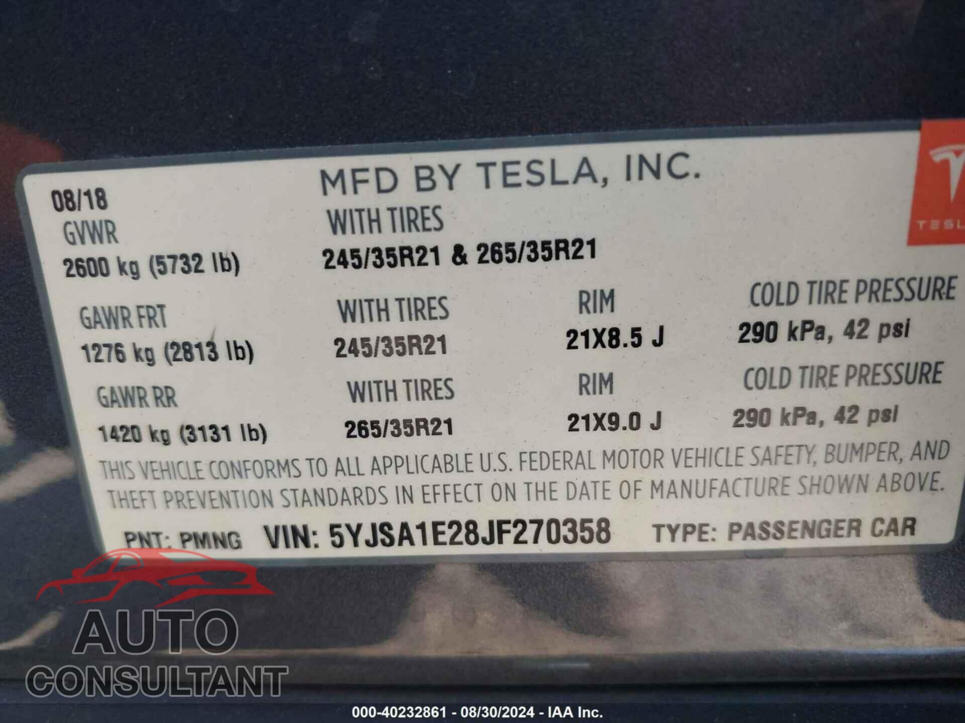 TESLA MODEL S 2018 - 5YJSA1E28JF270358