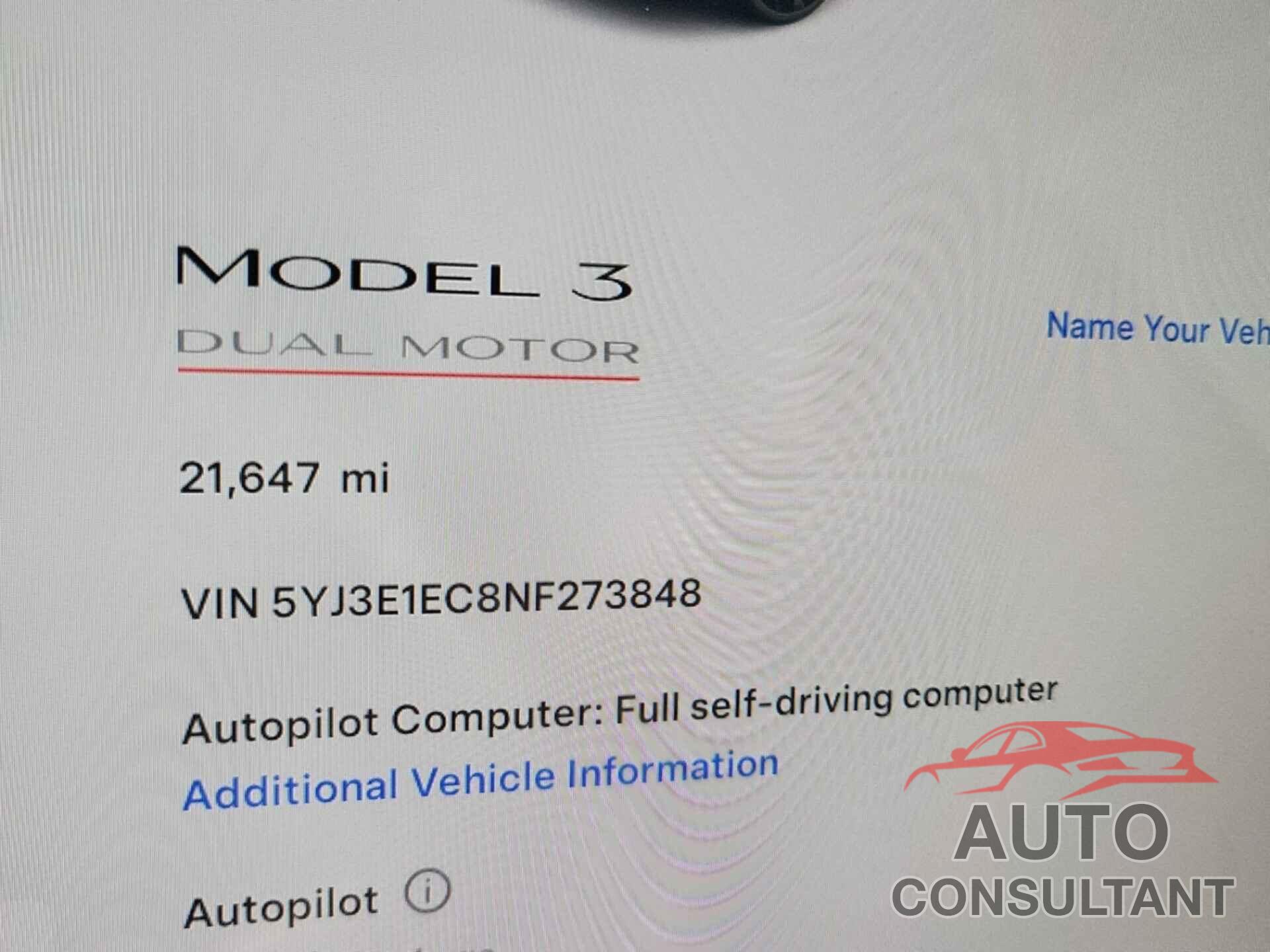 TESLA MODEL 3 2022 - 5YJ3E1EC8NF273848