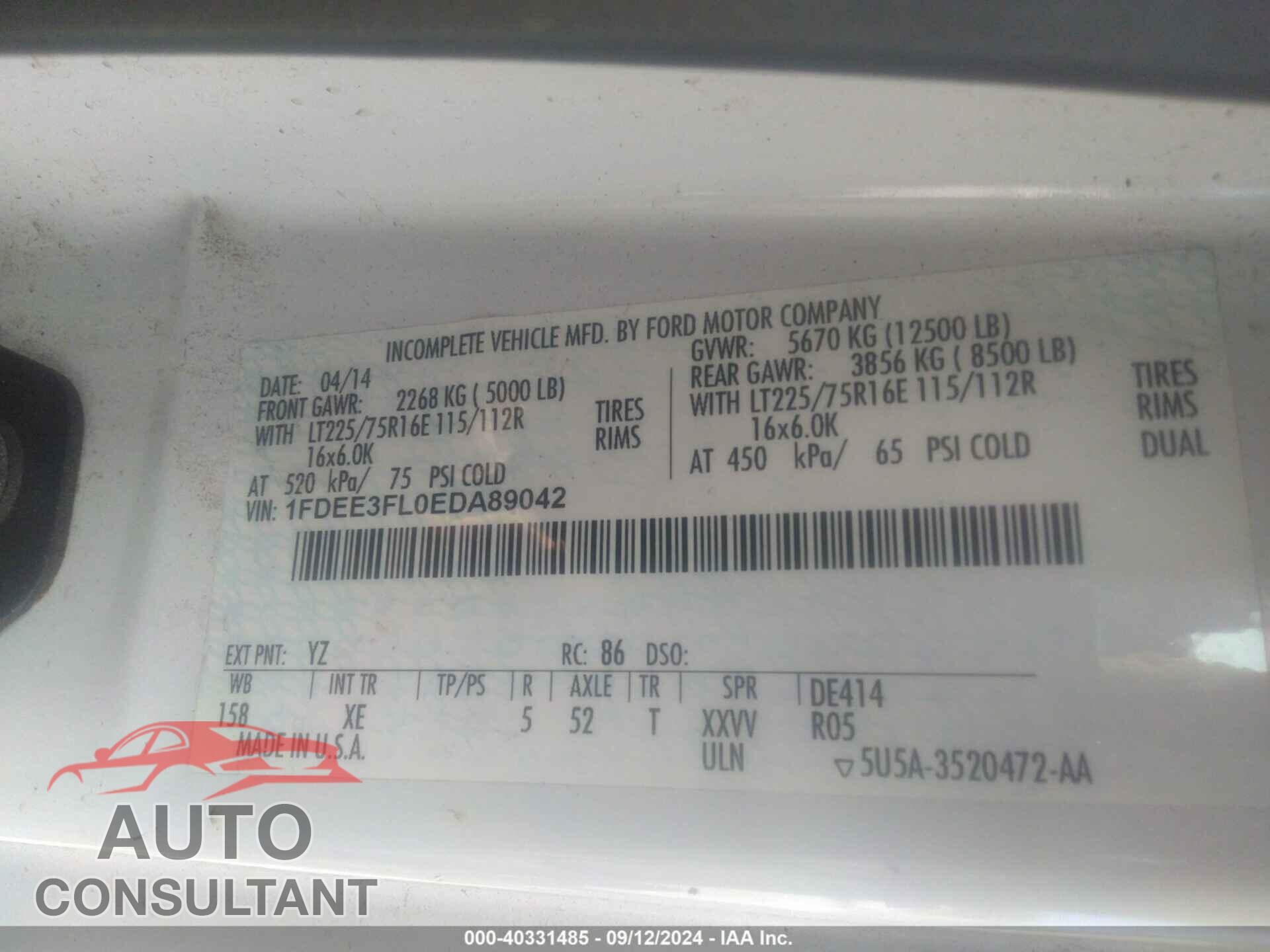FORD E-350 CUTAWAY 2014 - 1FDEE3FL0EDA89042