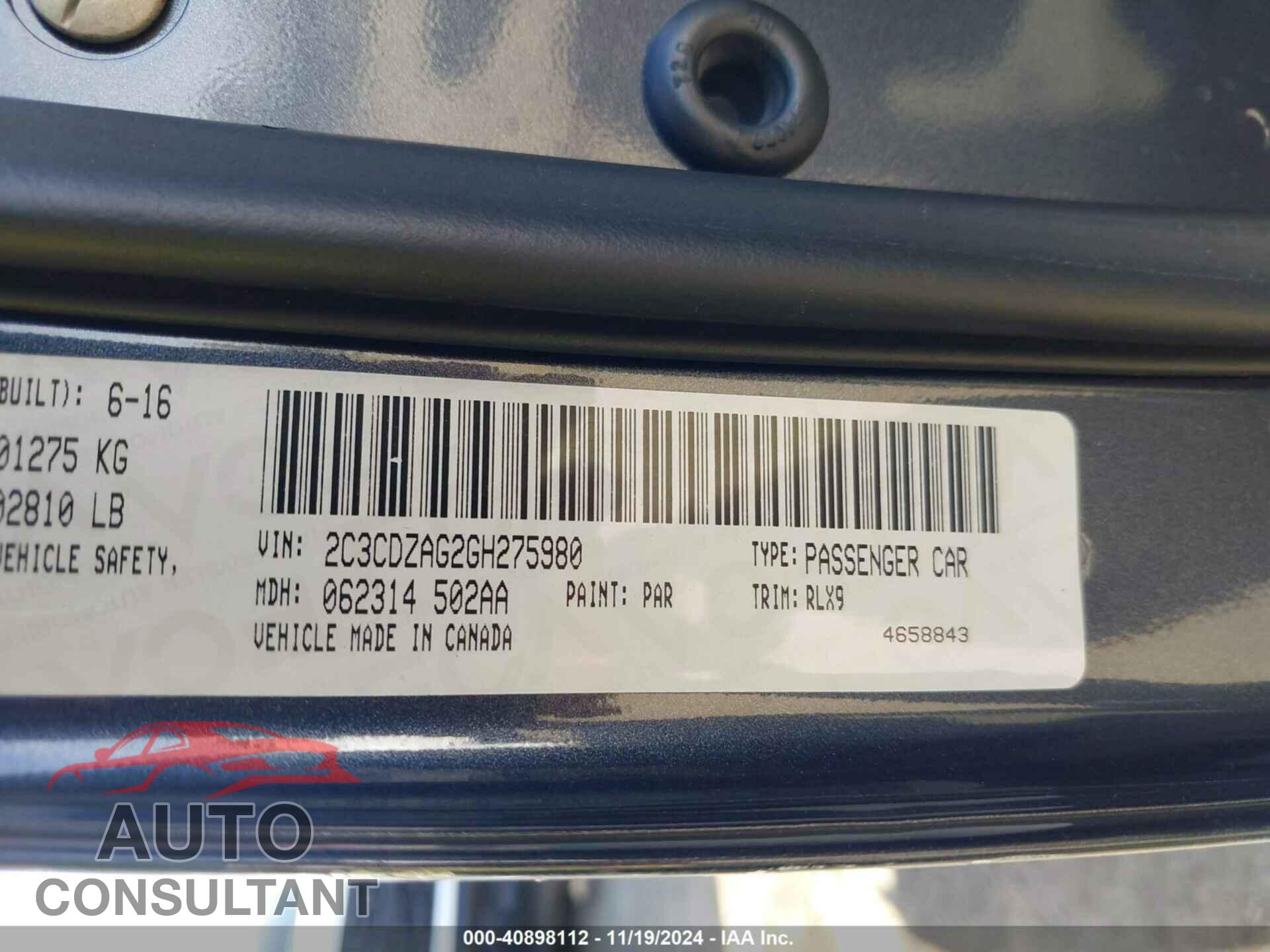 DODGE CHALLENGER 2016 - 2C3CDZAG2GH275980