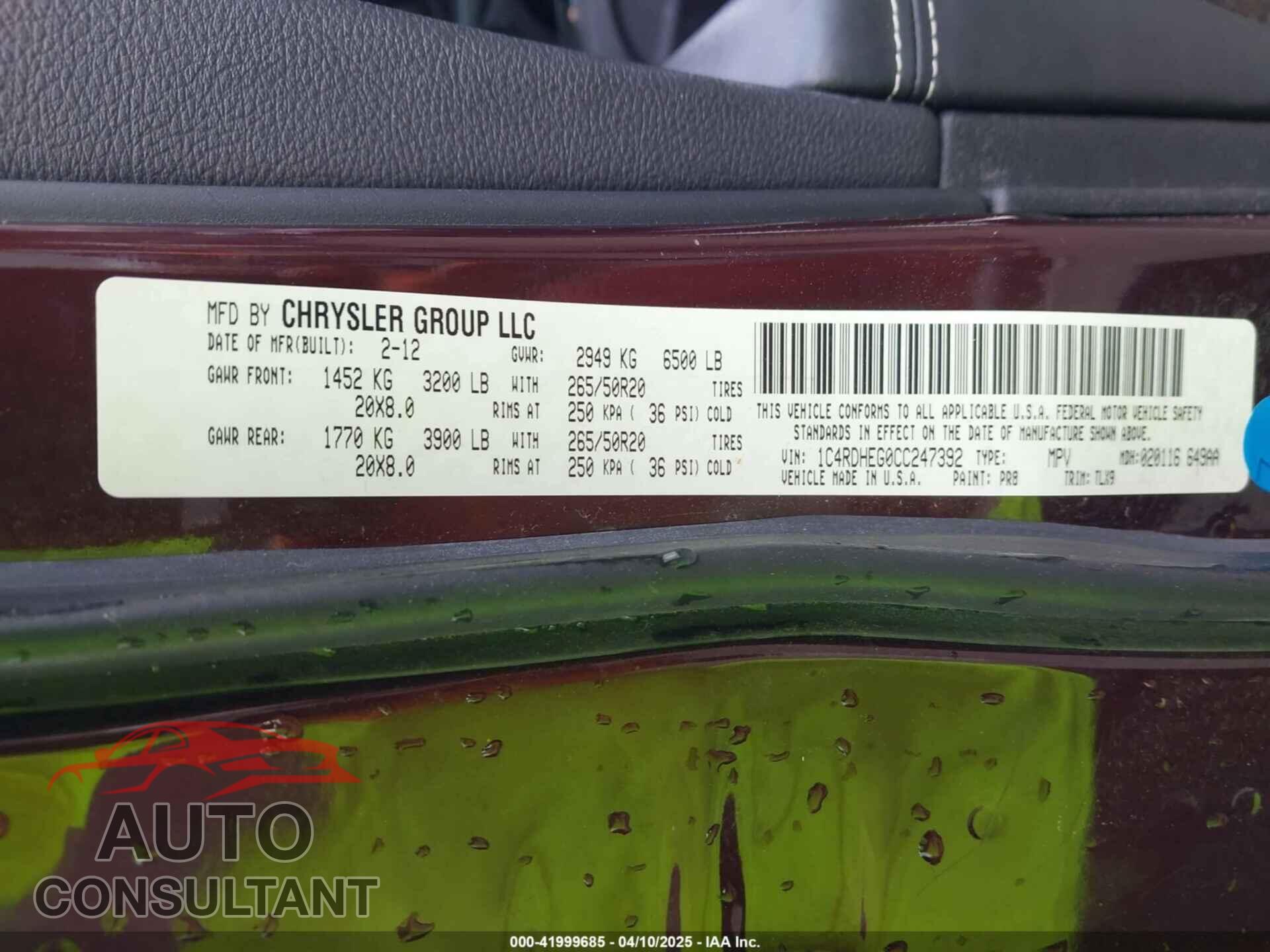 DODGE DURANGO 2012 - 1C4RDHEG0CC247392