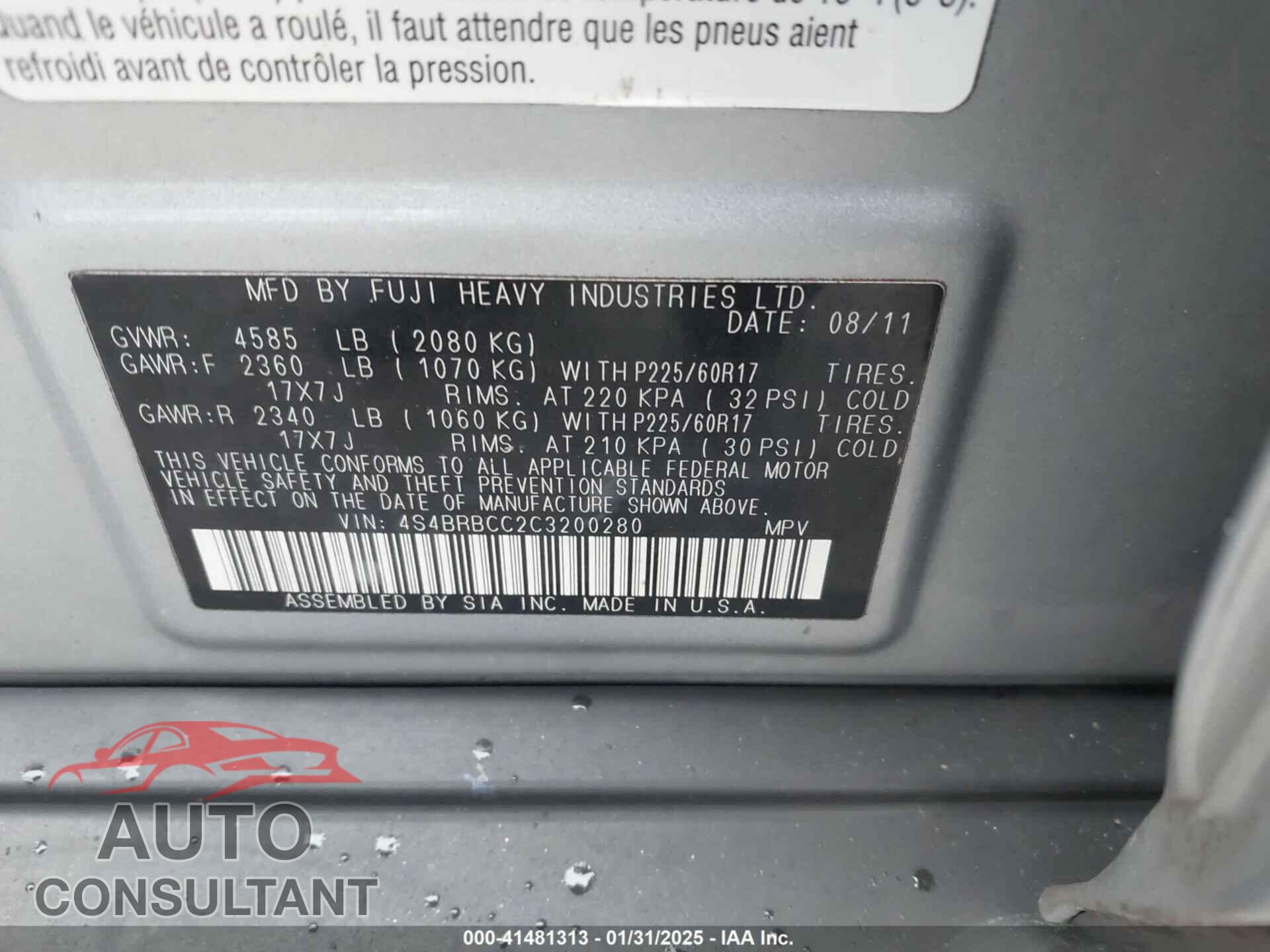 SUBARU OUTBACK 2012 - 4S4BRBCC2C3200280