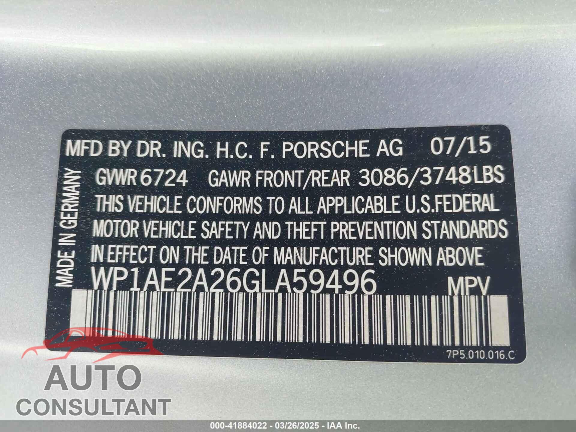 PORSCHE CAYENNE E-HYBRID 2016 - WP1AE2A26GLA59496