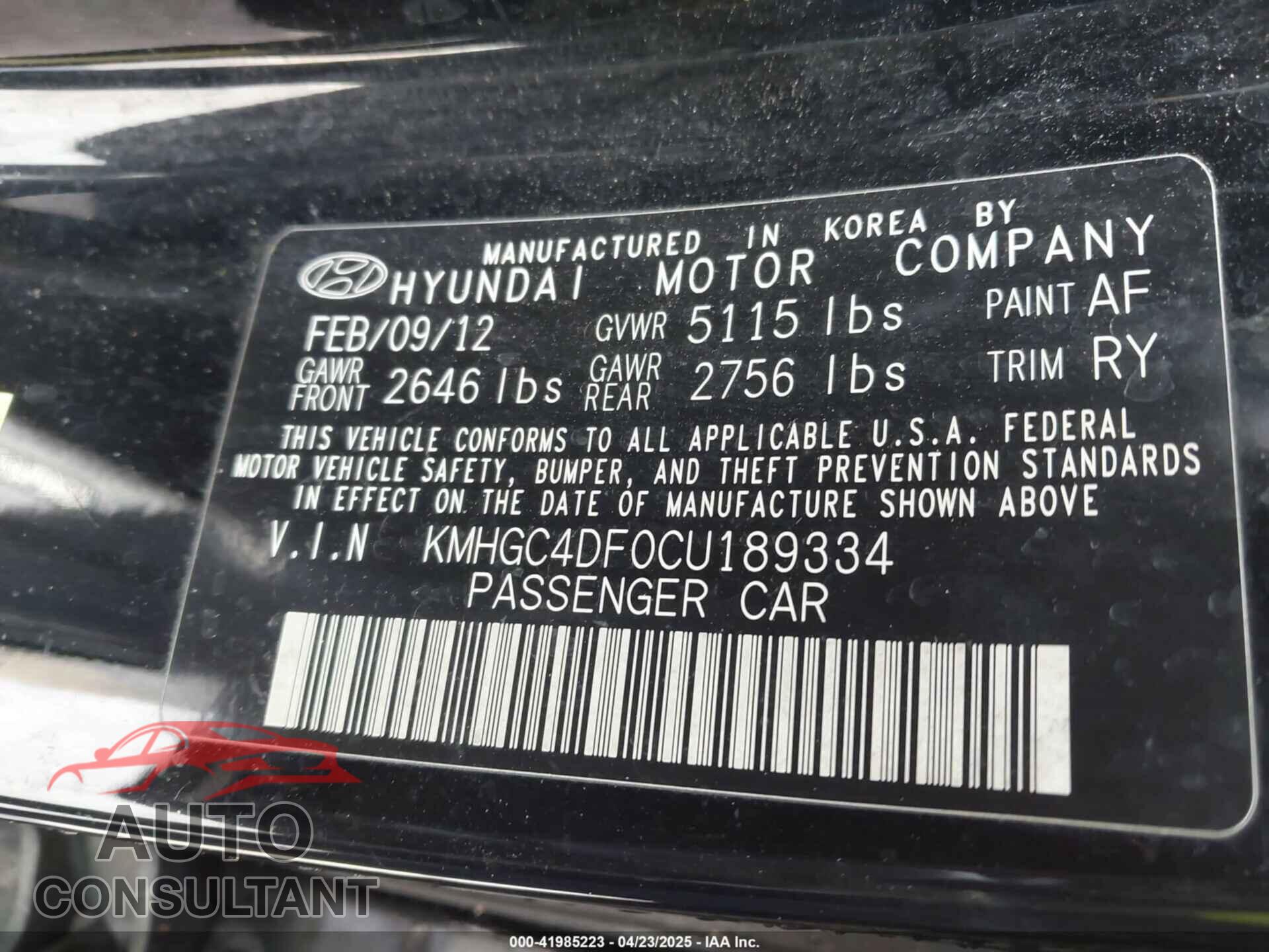 HYUNDAI GENESIS 2012 - KMHGC4DF0CU189334