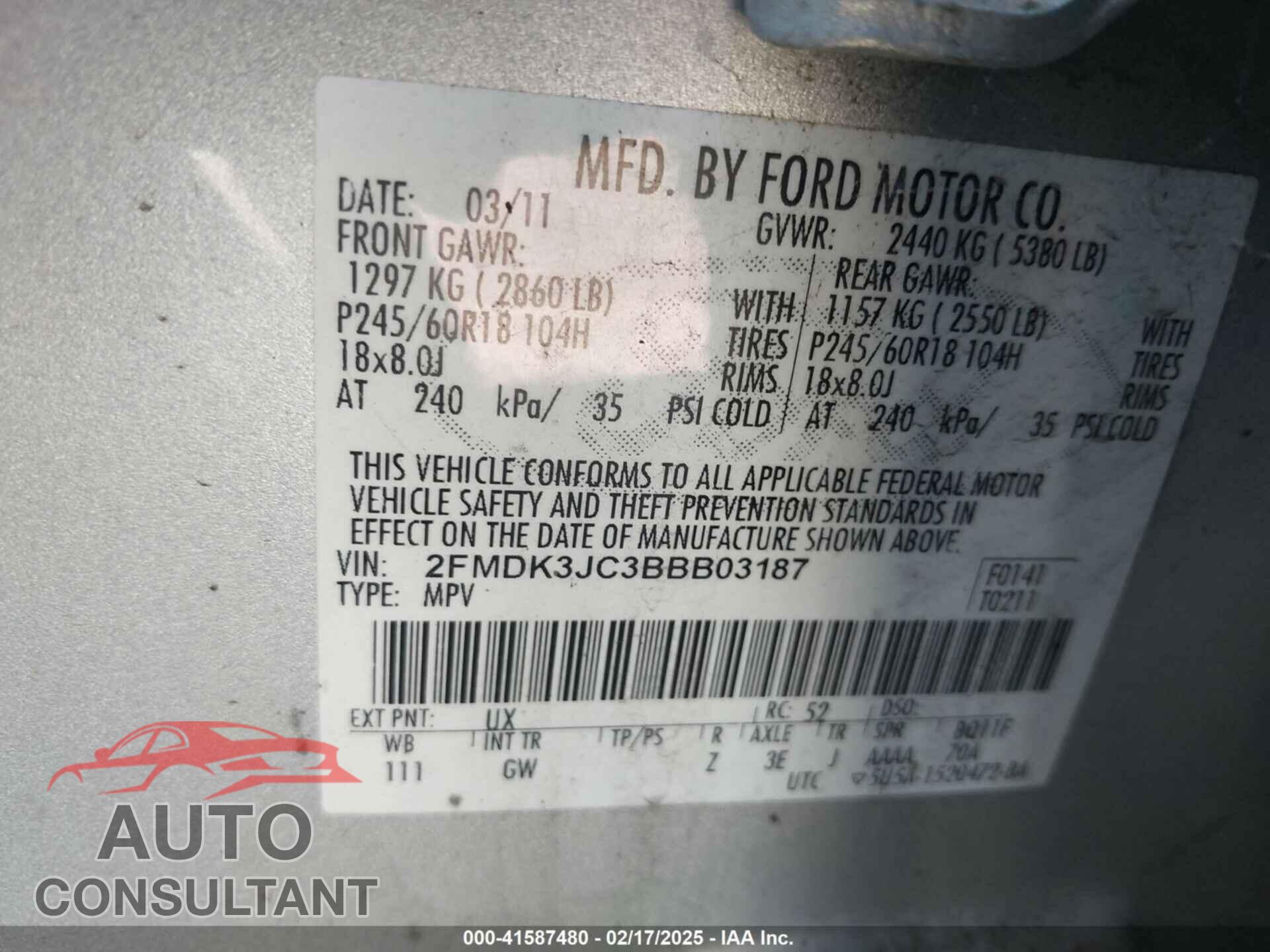 FORD EDGE 2011 - 2FMDK3JC3BBB03187