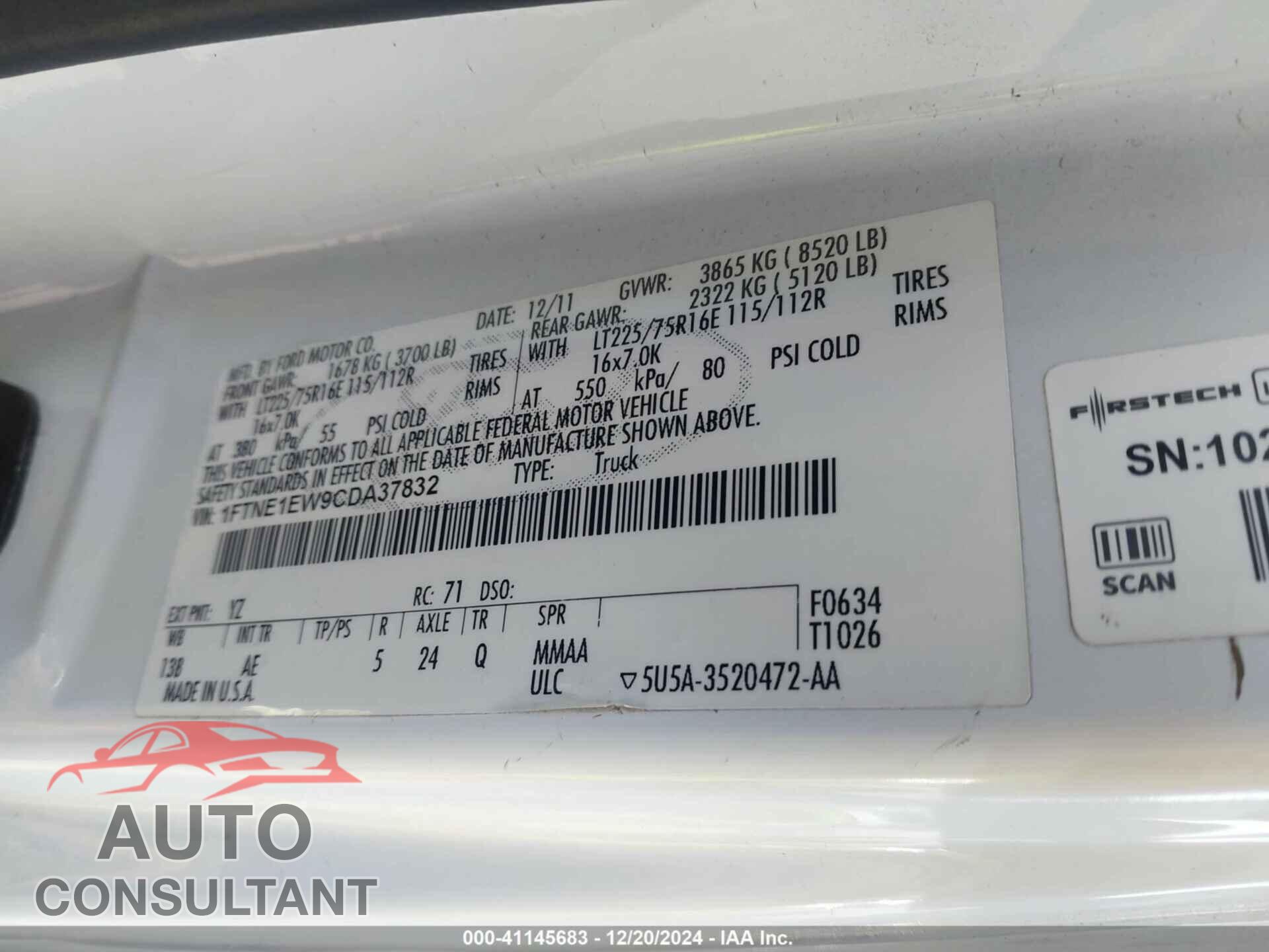 FORD E-150 2012 - 1FTNE1EW9CDA37832