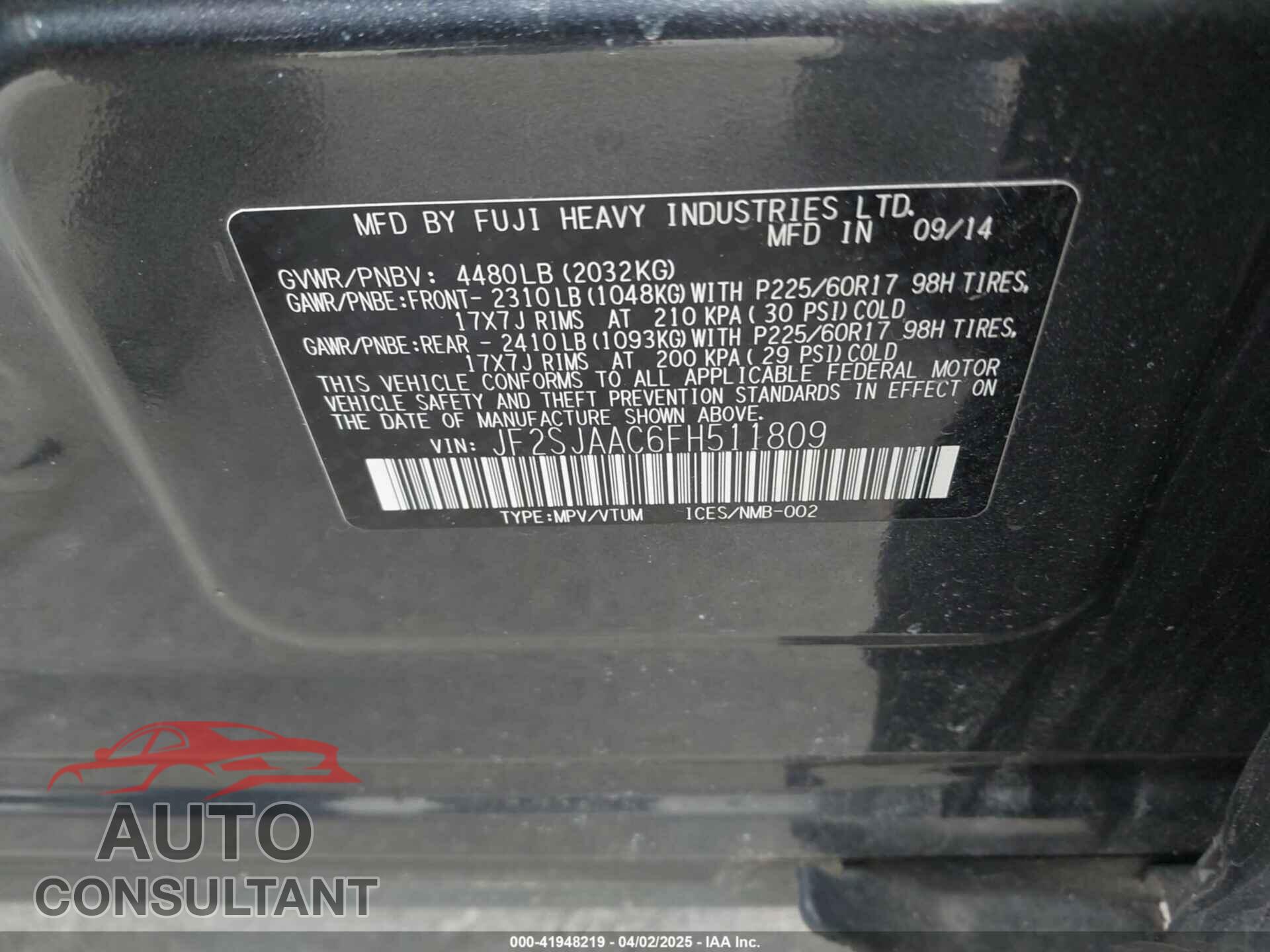 SUBARU FORESTER 2015 - JF2SJAAC6FH511809