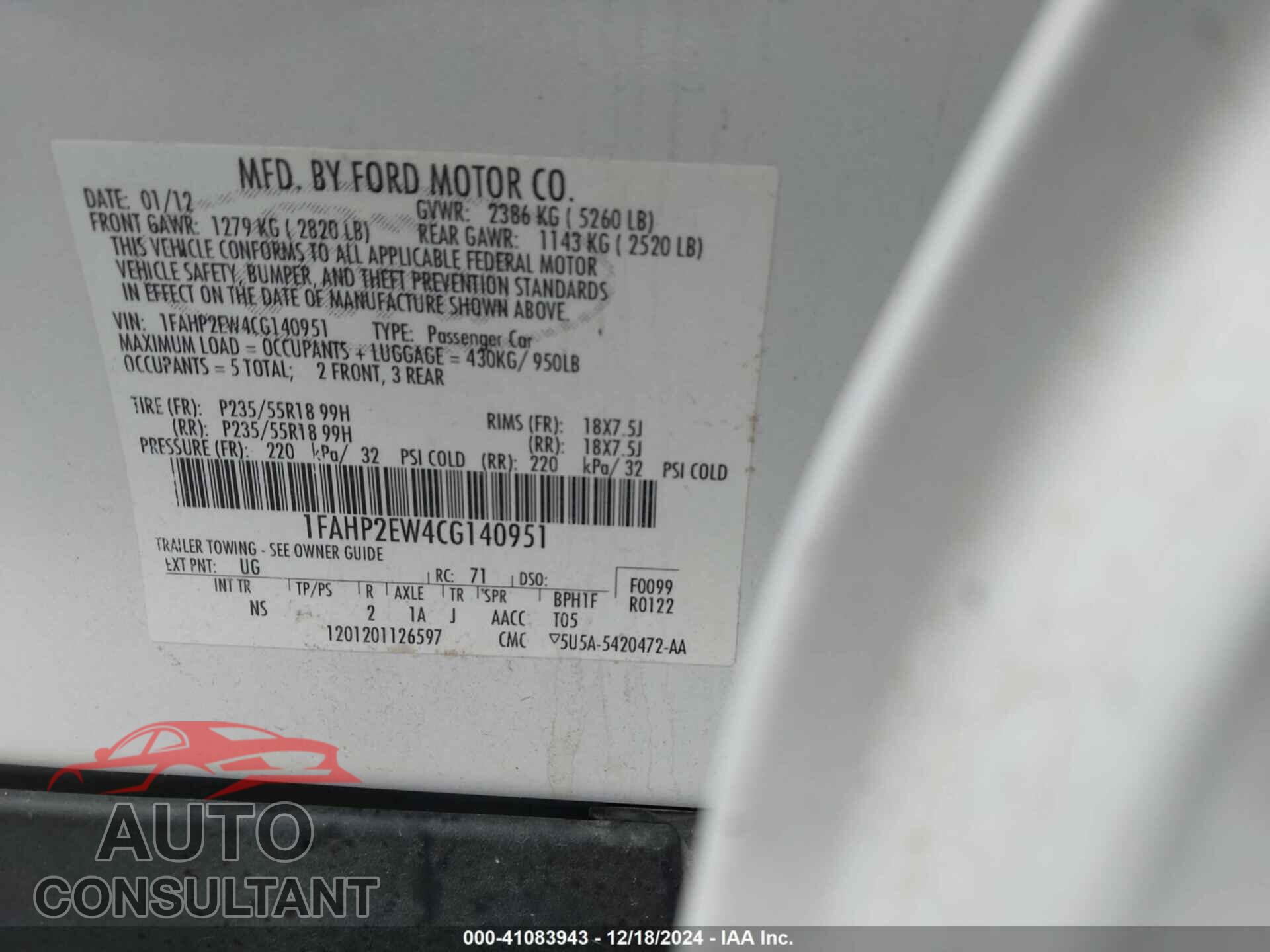 FORD TAURUS 2012 - 1FAHP2EW4CG140951