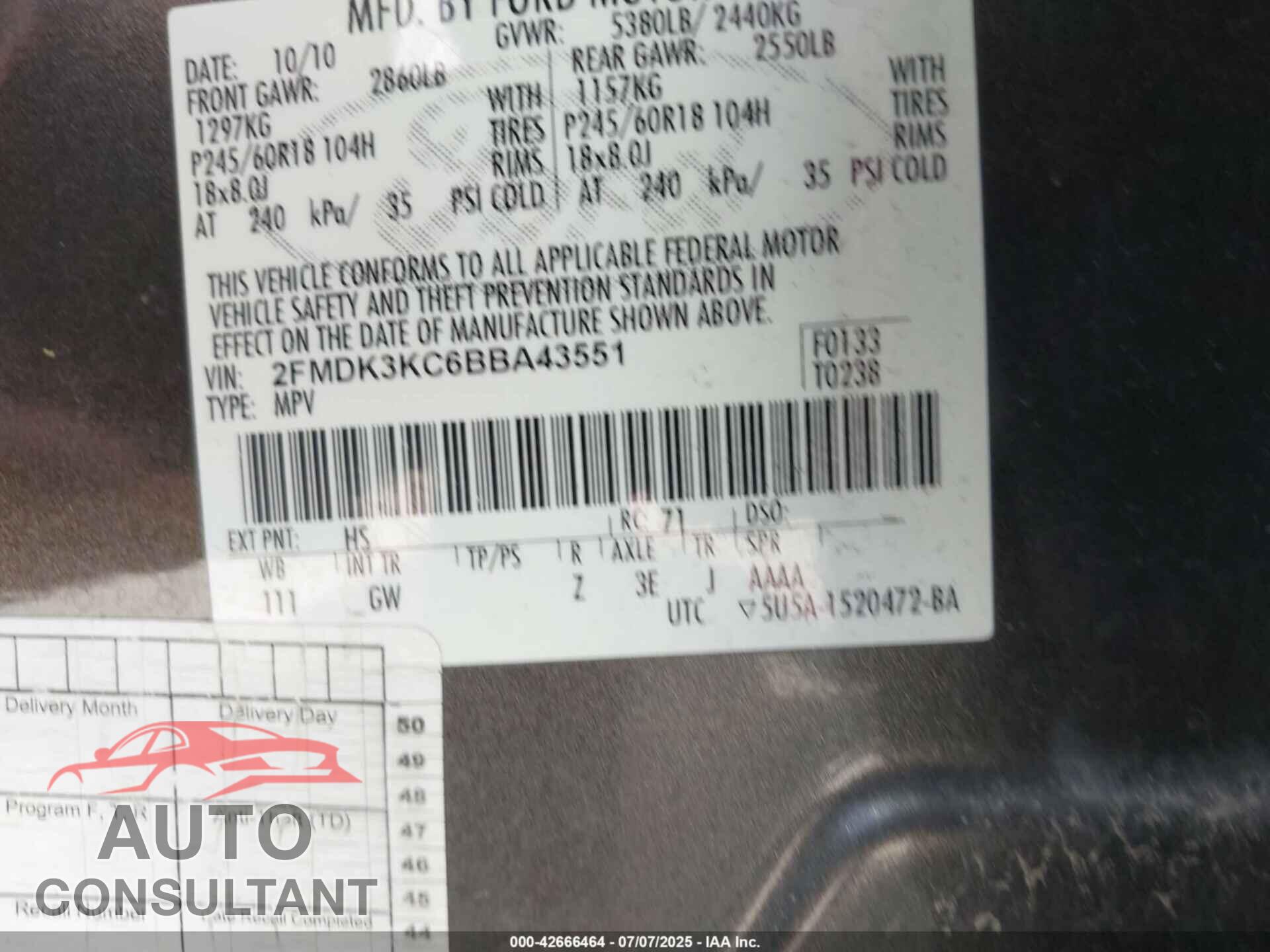 FORD EDGE 2011 - 2FMDK3KC6BBA43551
