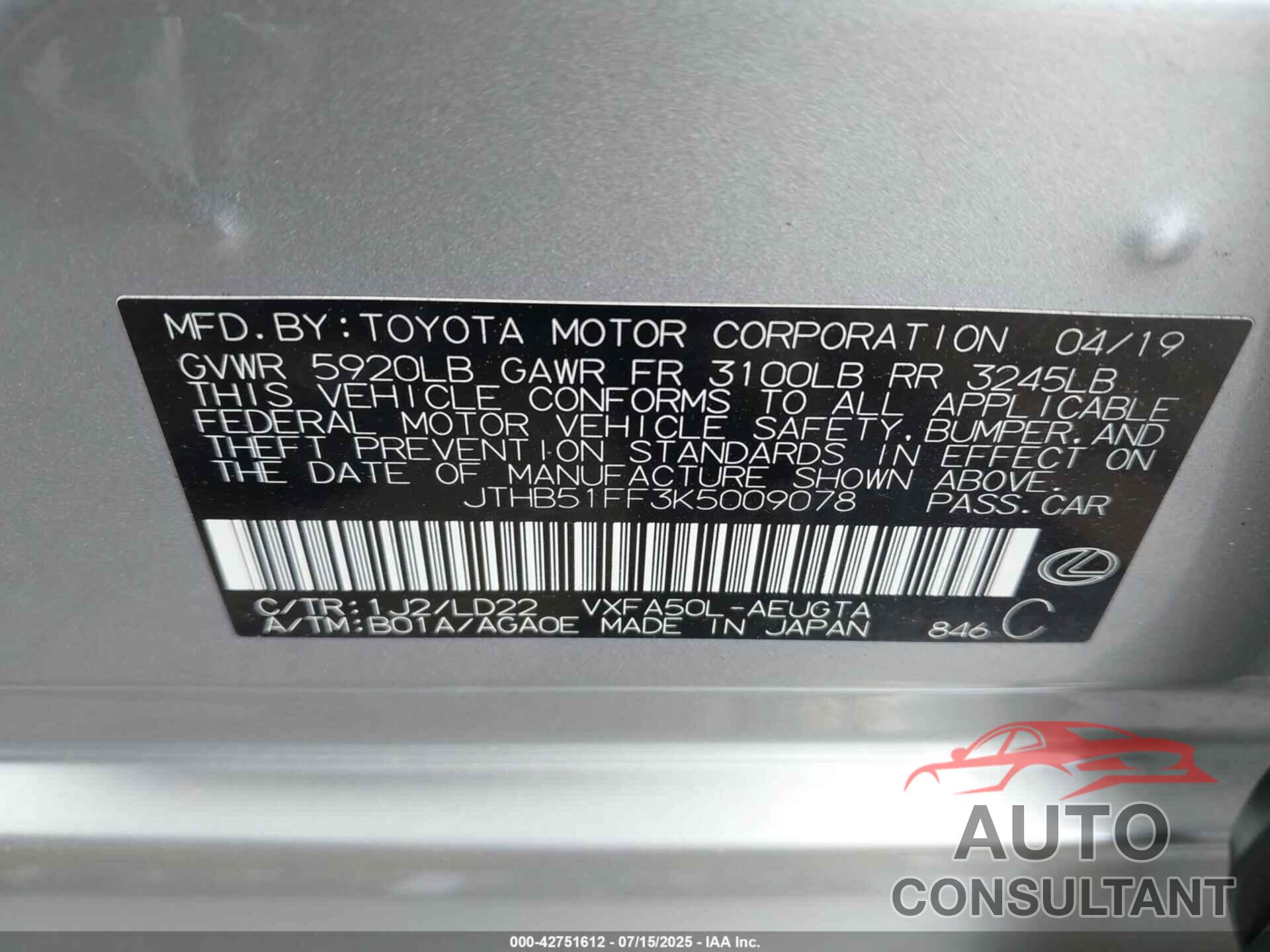 LEXUS LS 500 2019 - JTHB51FF3K5009078