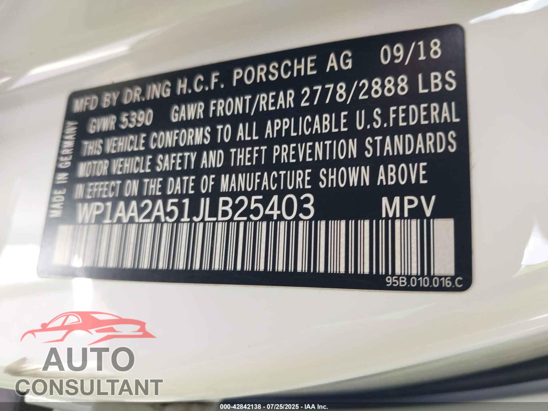 PORSCHE MACAN 2018 - WP1AA2A51JLB25403