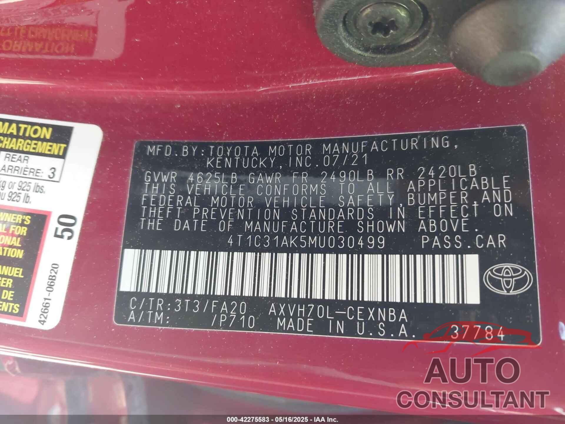 TOYOTA CAMRY 2021 - 4T1C31AK5MU030499