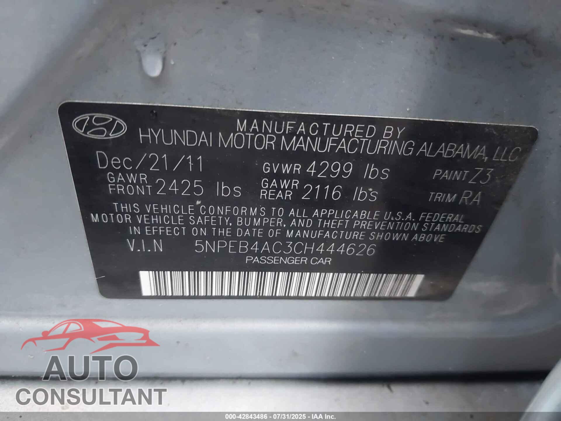 HYUNDAI SONATA 2012 - 5NPEB4AC3CH444626
