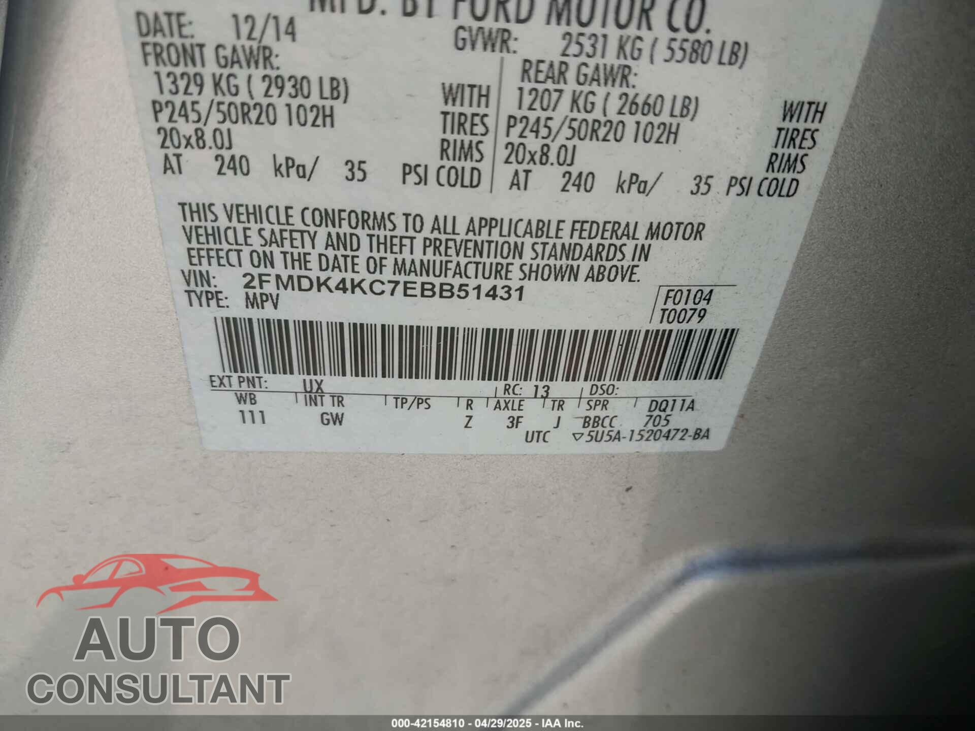 FORD EDGE 2014 - 2FMDK4KC7EBB51431