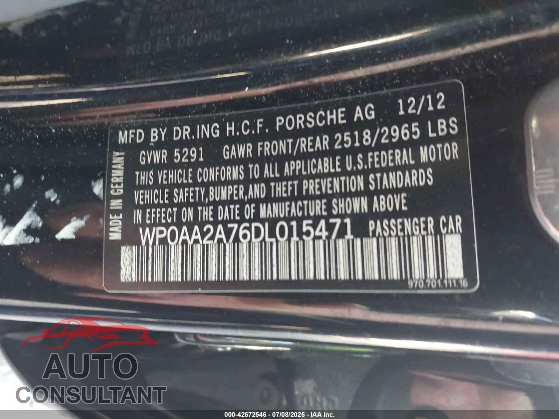 PORSCHE PANAMERA 2013 - WP0AA2A76DL015471
