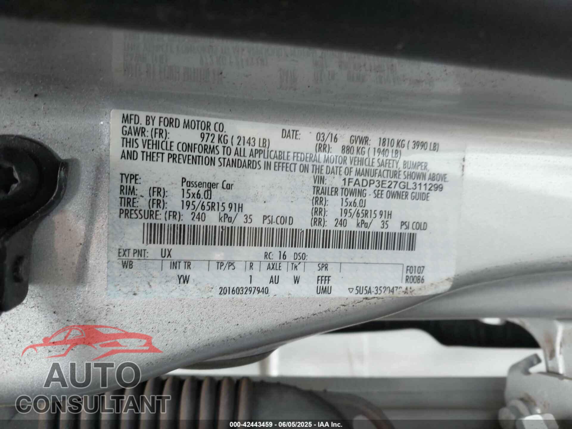 FORD FOCUS 2016 - 1FADP3E27GL311299