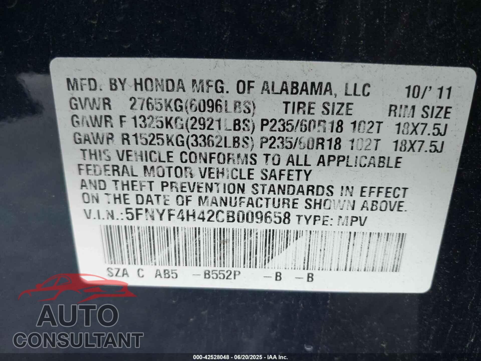 HONDA PILOT 2012 - 5FNYF4H42CB009658