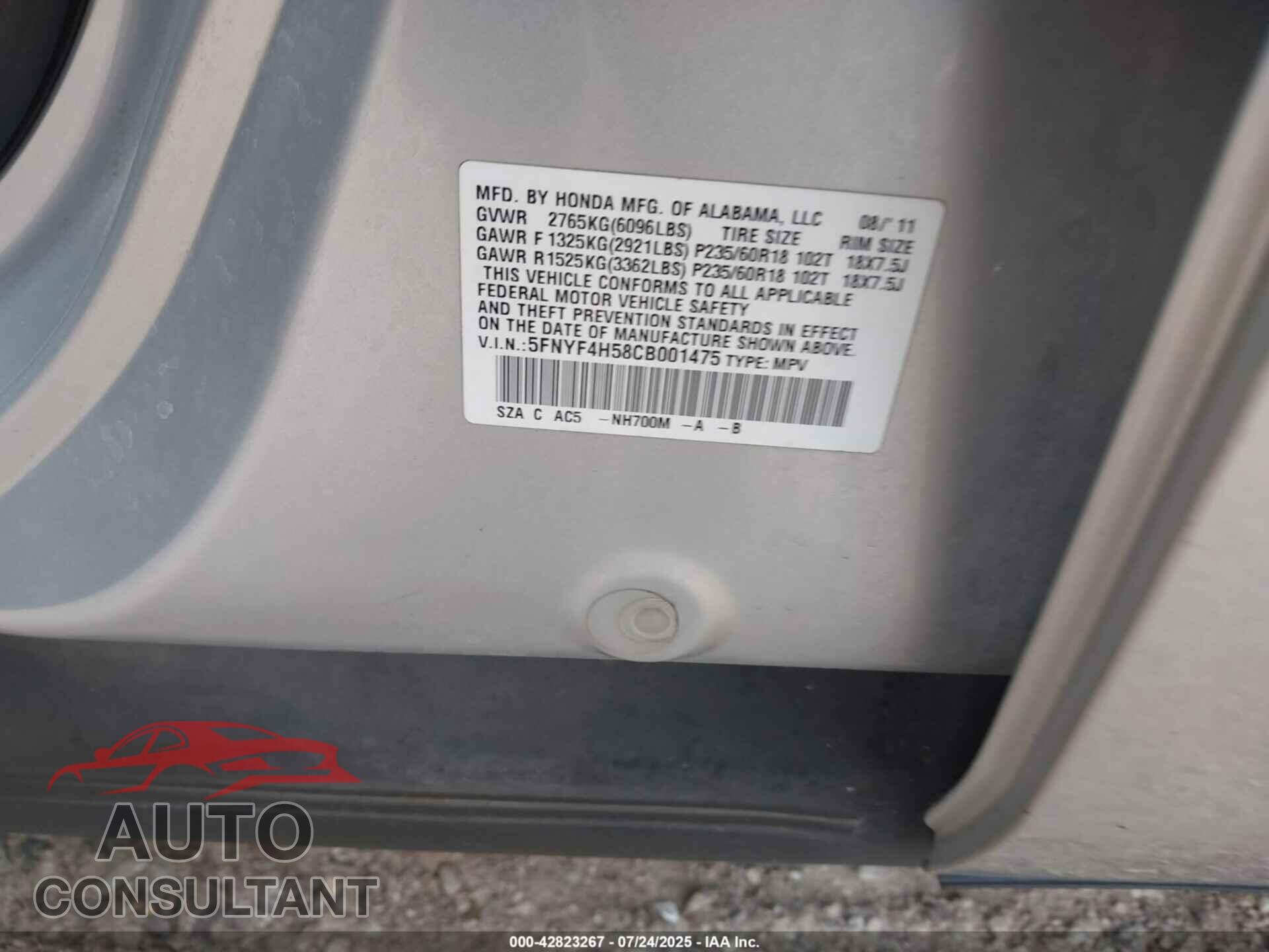 HONDA PILOT 2012 - 5FNYF4H58CB001475