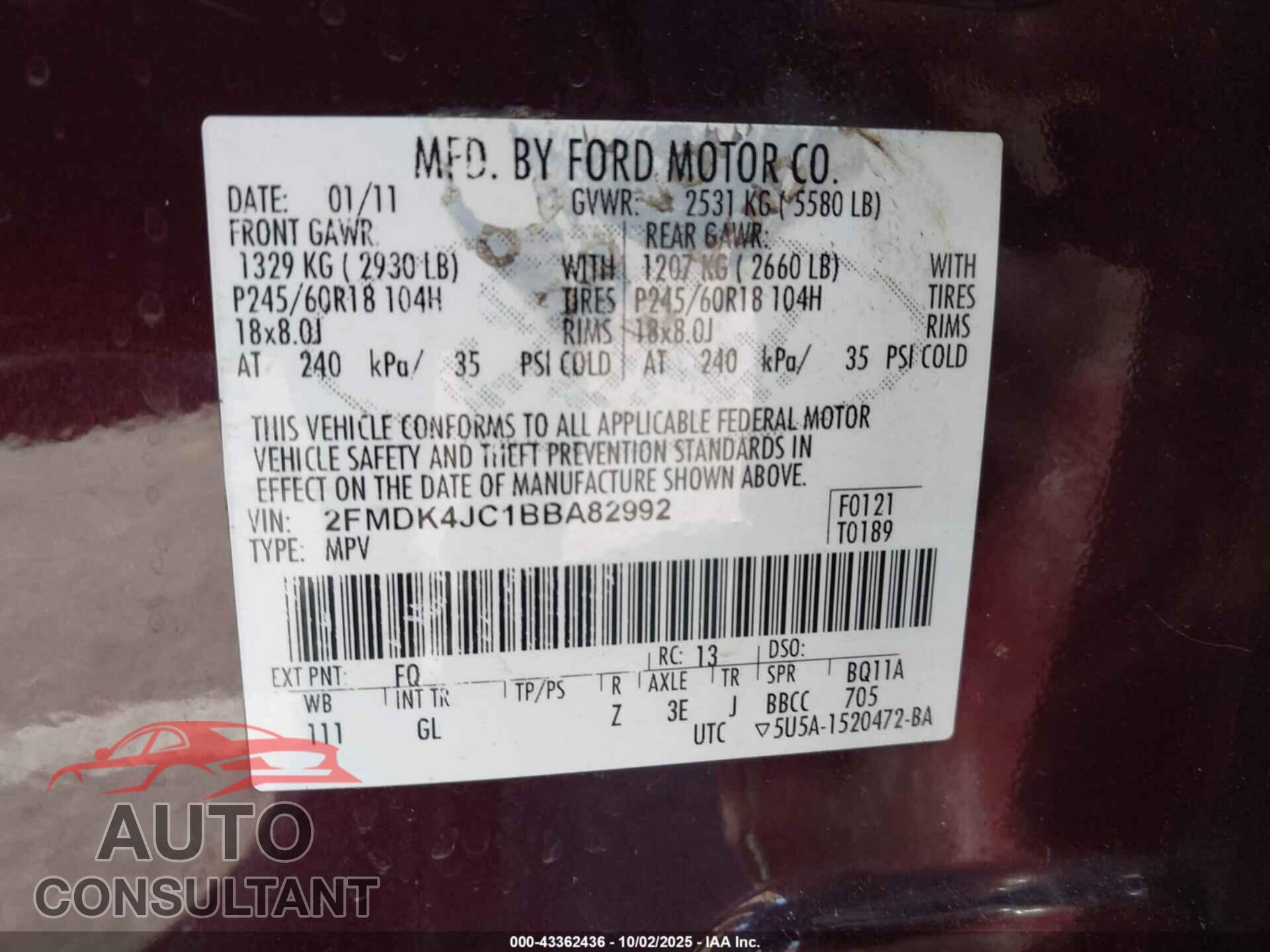 FORD EDGE 2011 - 2FMDK4JC1BBA82992