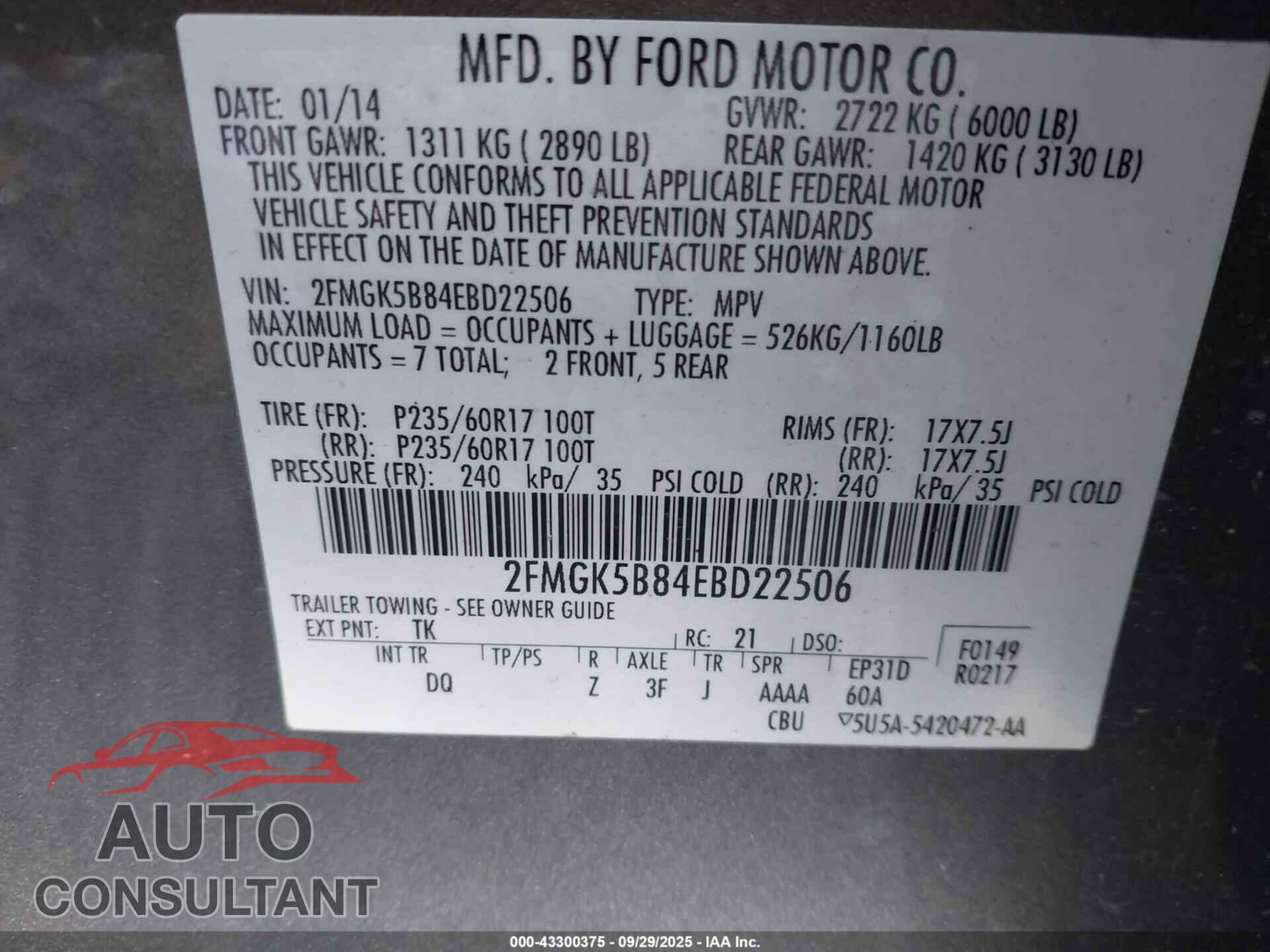 FORD FLEX 2014 - 2FMGK5B84EBD22506