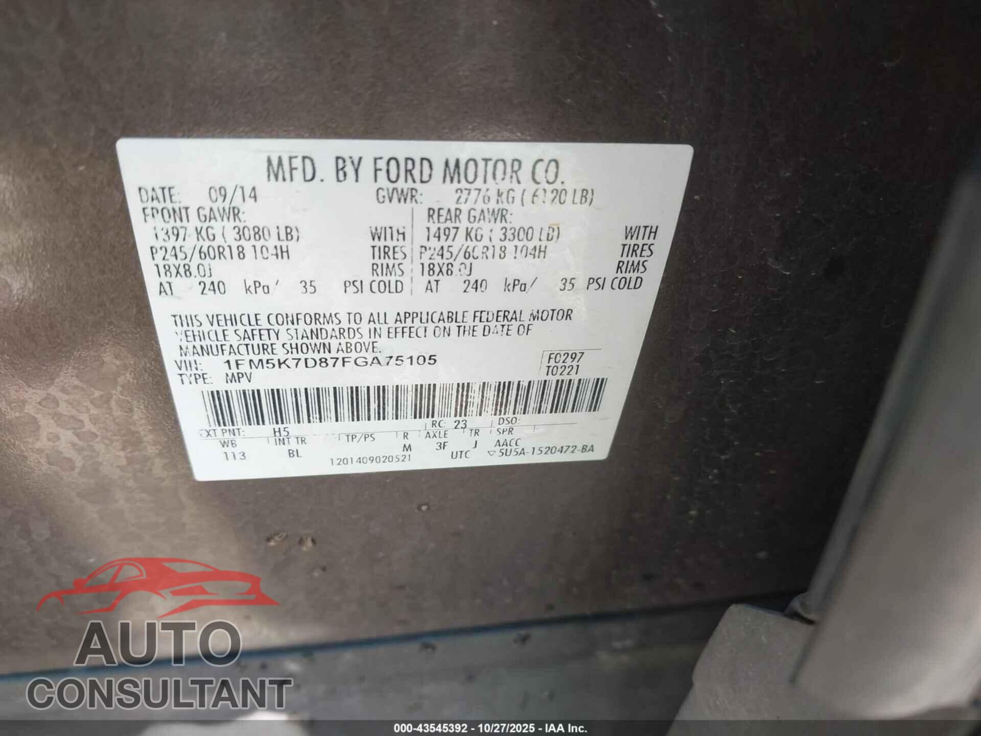 FORD EXPLORER 2015 - 1FM5K7D87FGA75105