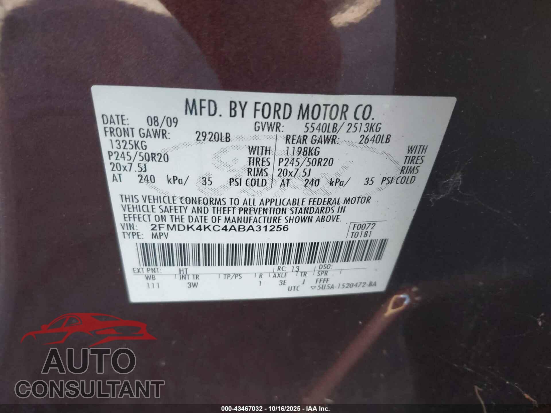 FORD EDGE 2010 - 2FMDK4KC4ABA31256