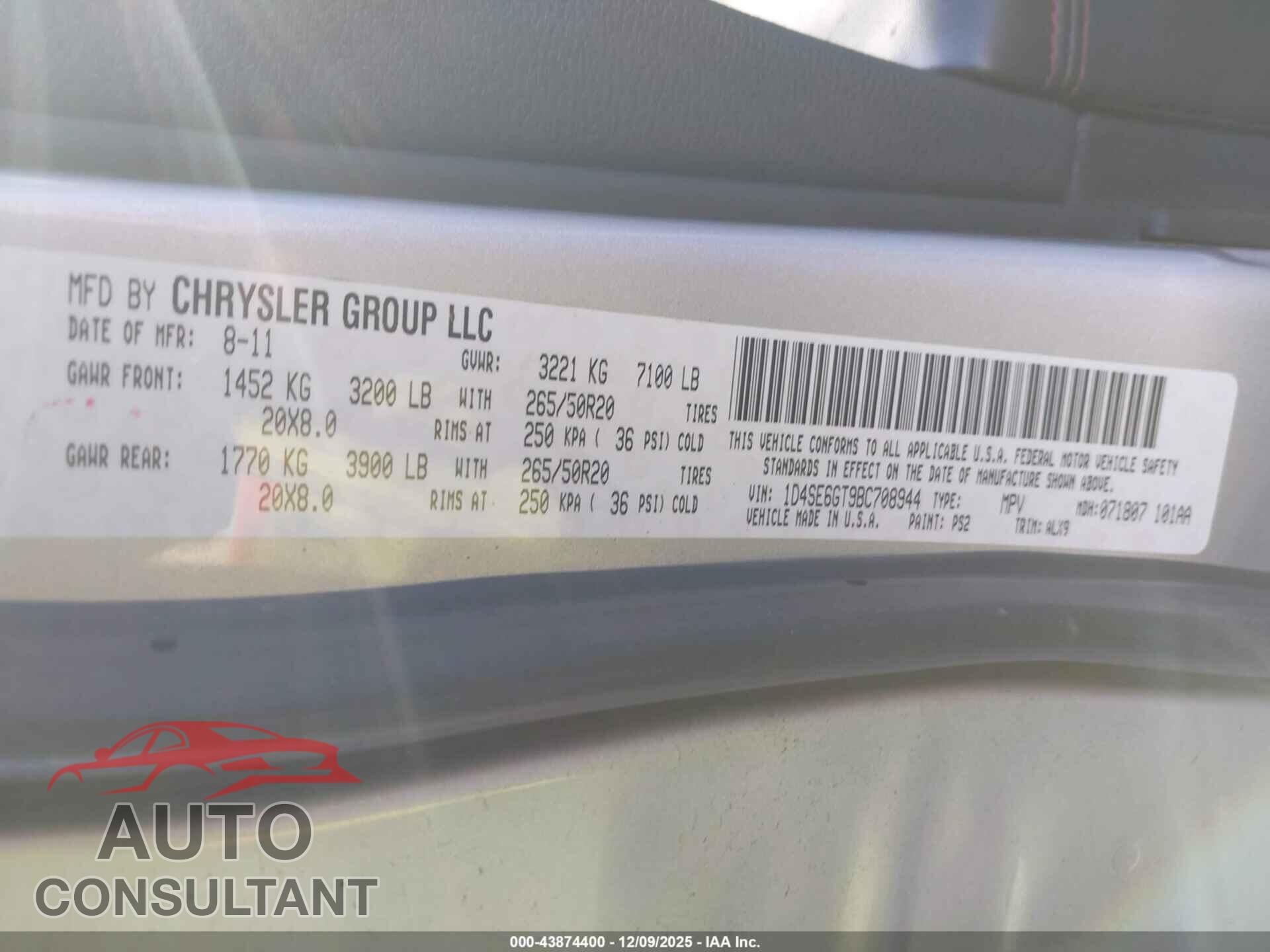 DODGE DURANGO 2011 - 1D4SE6GT9BC708944