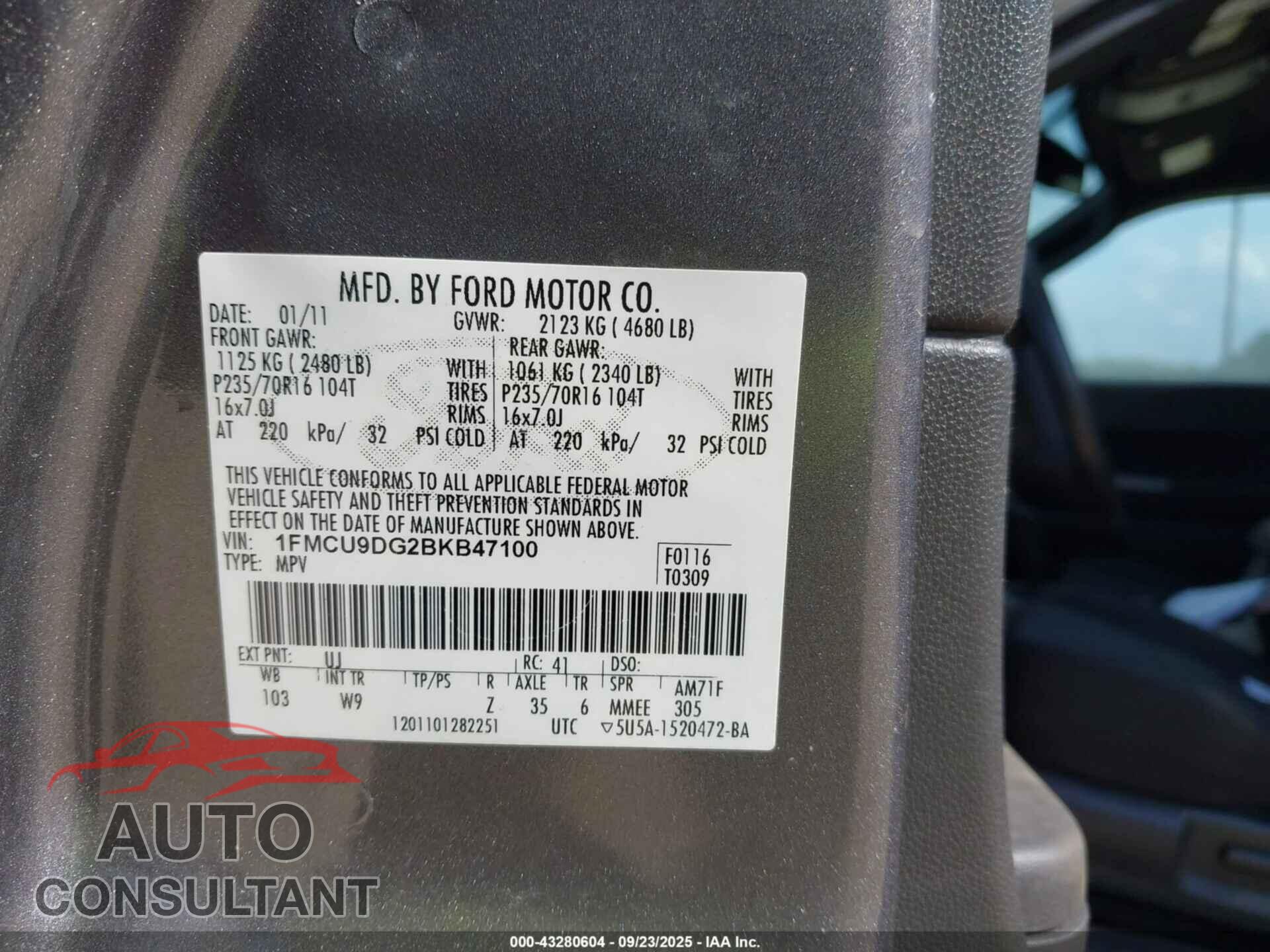 FORD ESCAPE 2011 - 1FMCU9DG2BKB47100