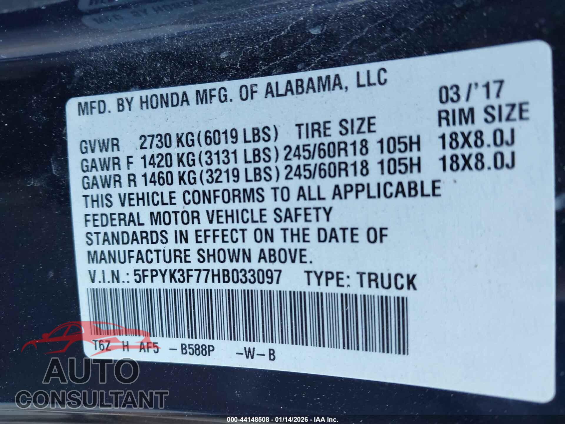 HONDA RIDGELINE 2017 - 5FPYK3F77HB033097