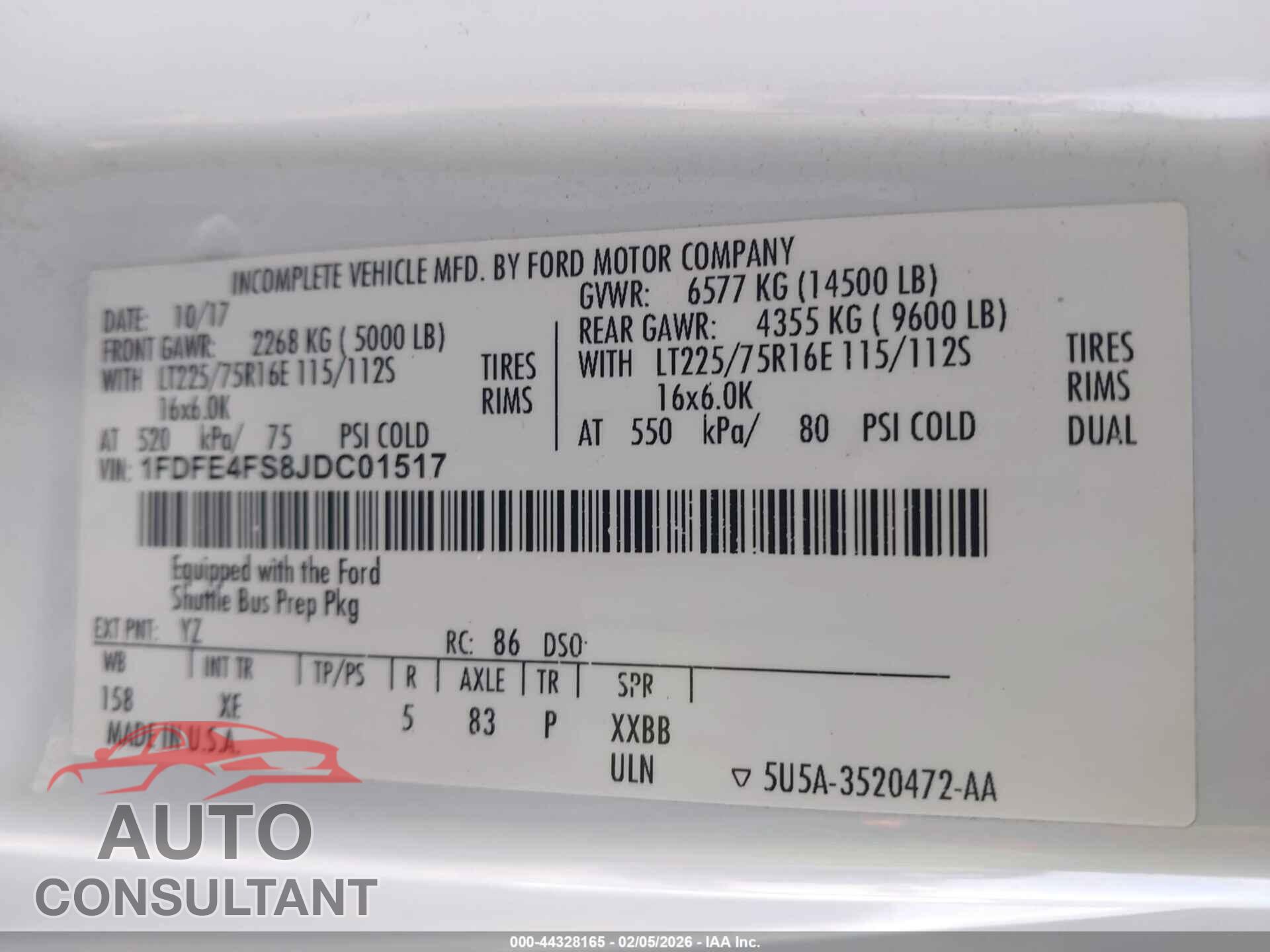 FORD E-450 CUTAWAY 2018 - 1FDFE4FS8JDC01517