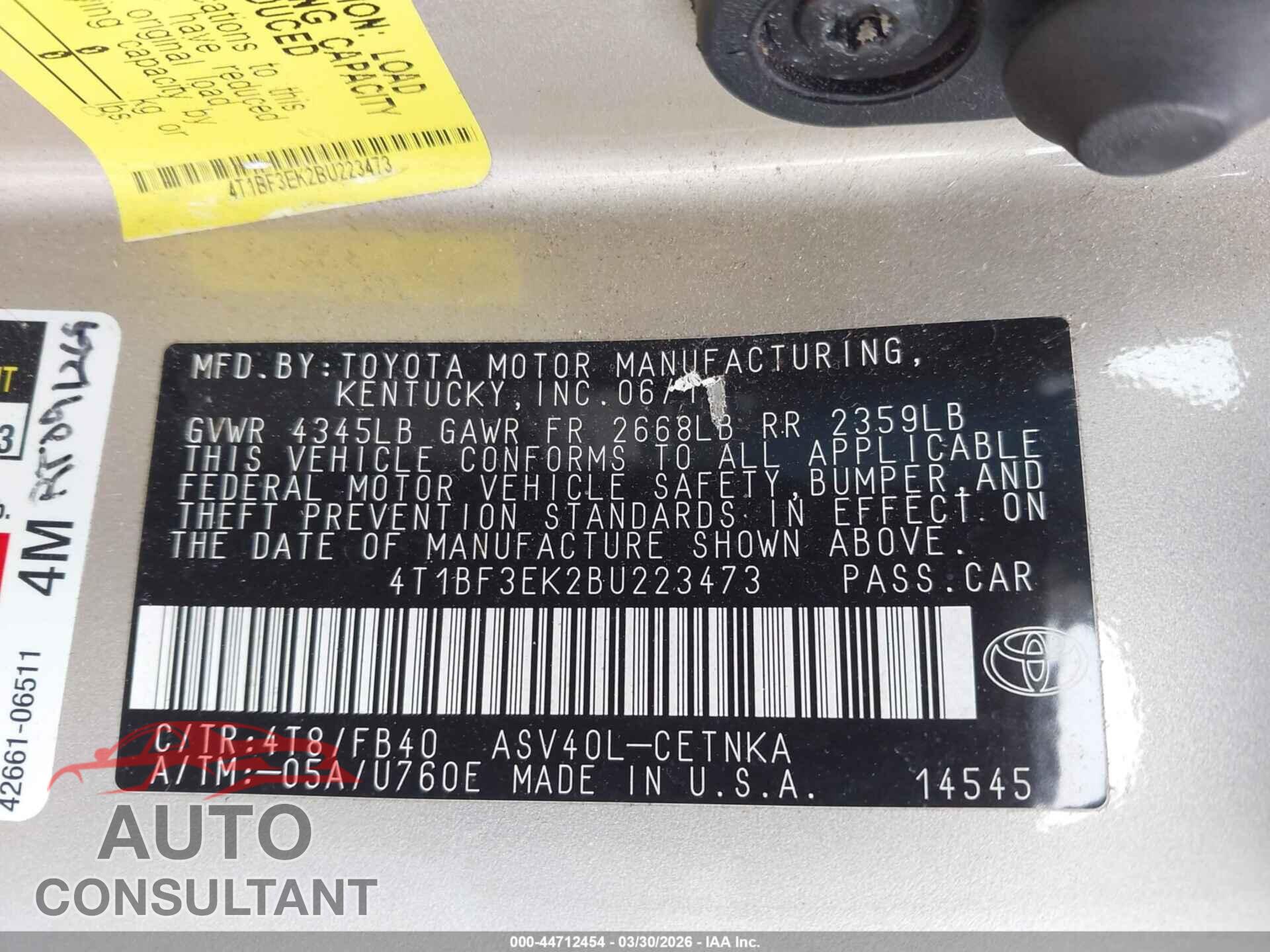 TOYOTA CAMRY 2011 - 4T1BF3EK2BU223473