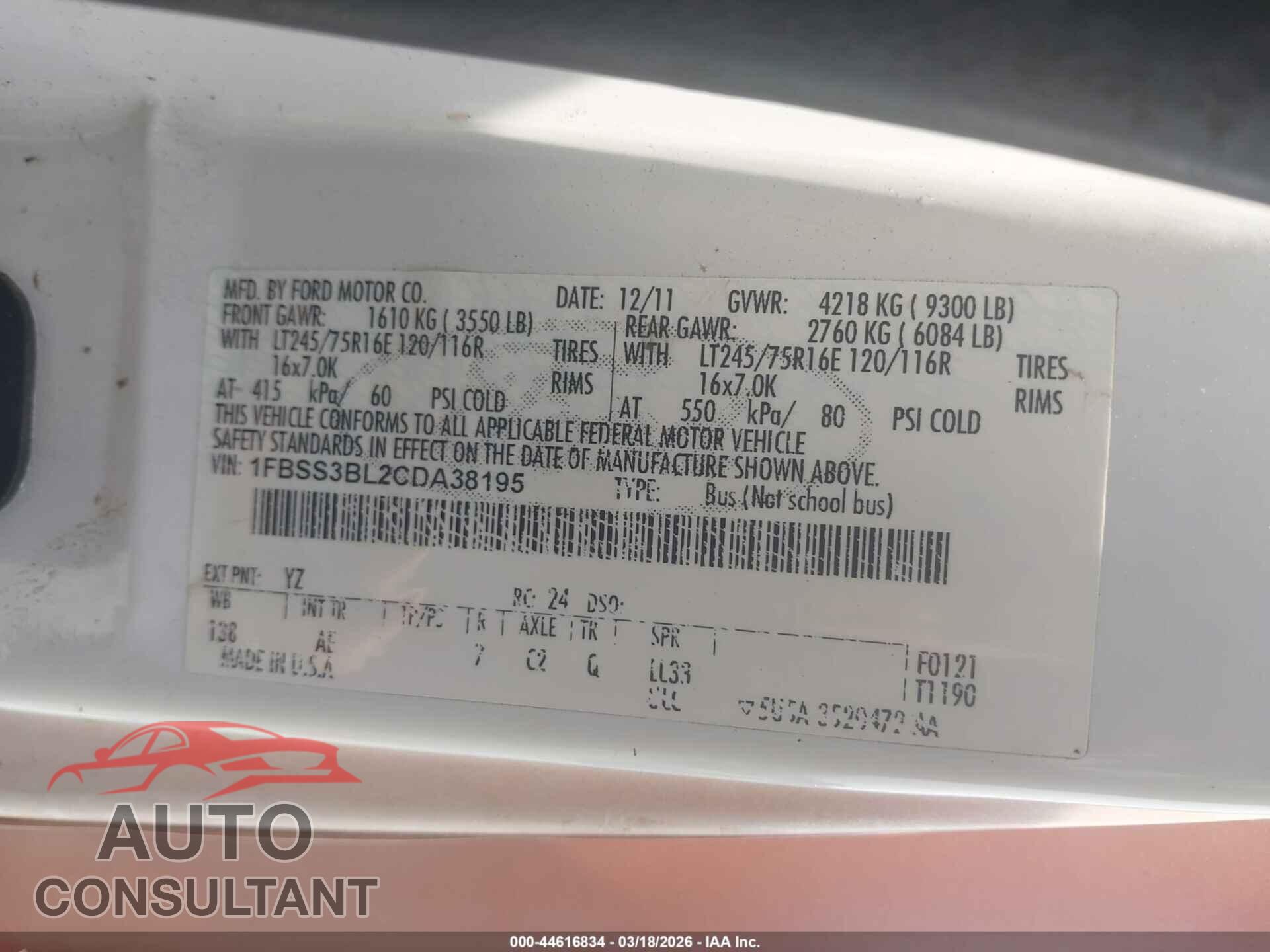 FORD E-350 SUPER DUTY 2012 - 1FBSS3BL2CDA38195