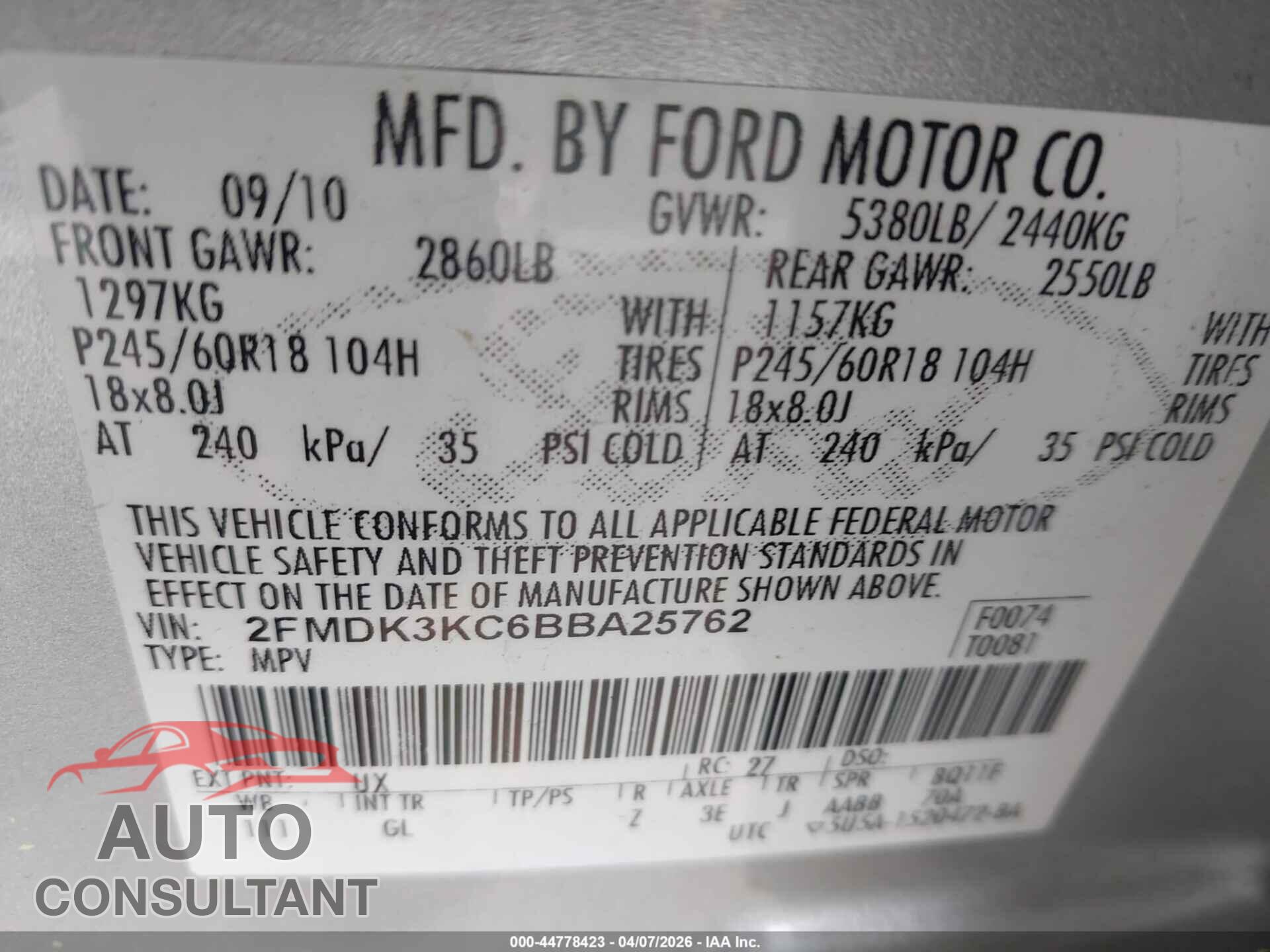FORD EDGE 2011 - 2FMDK3KC6BBA25762