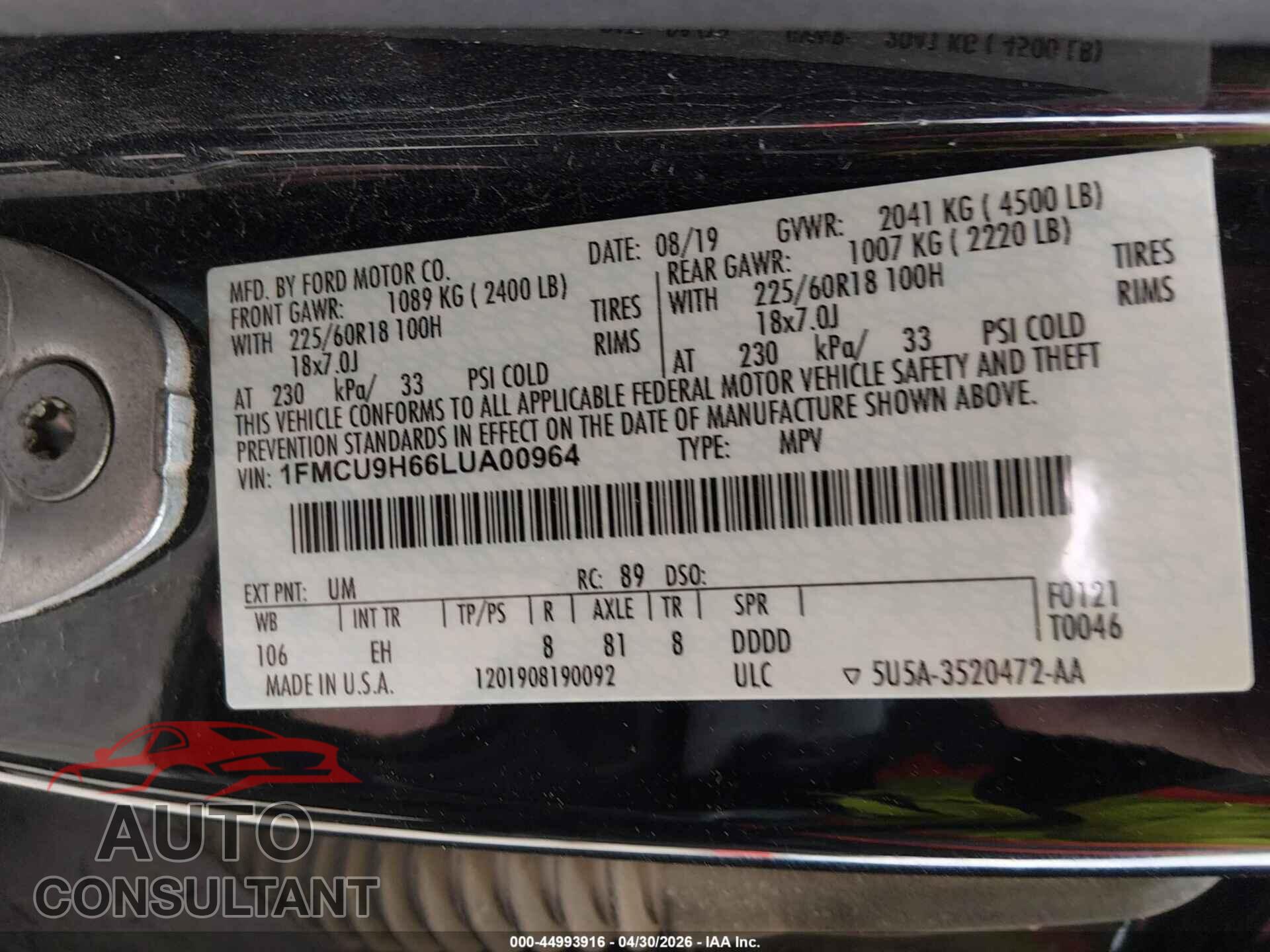 FORD ESCAPE 2020 - 1FMCU9H66LUA00964