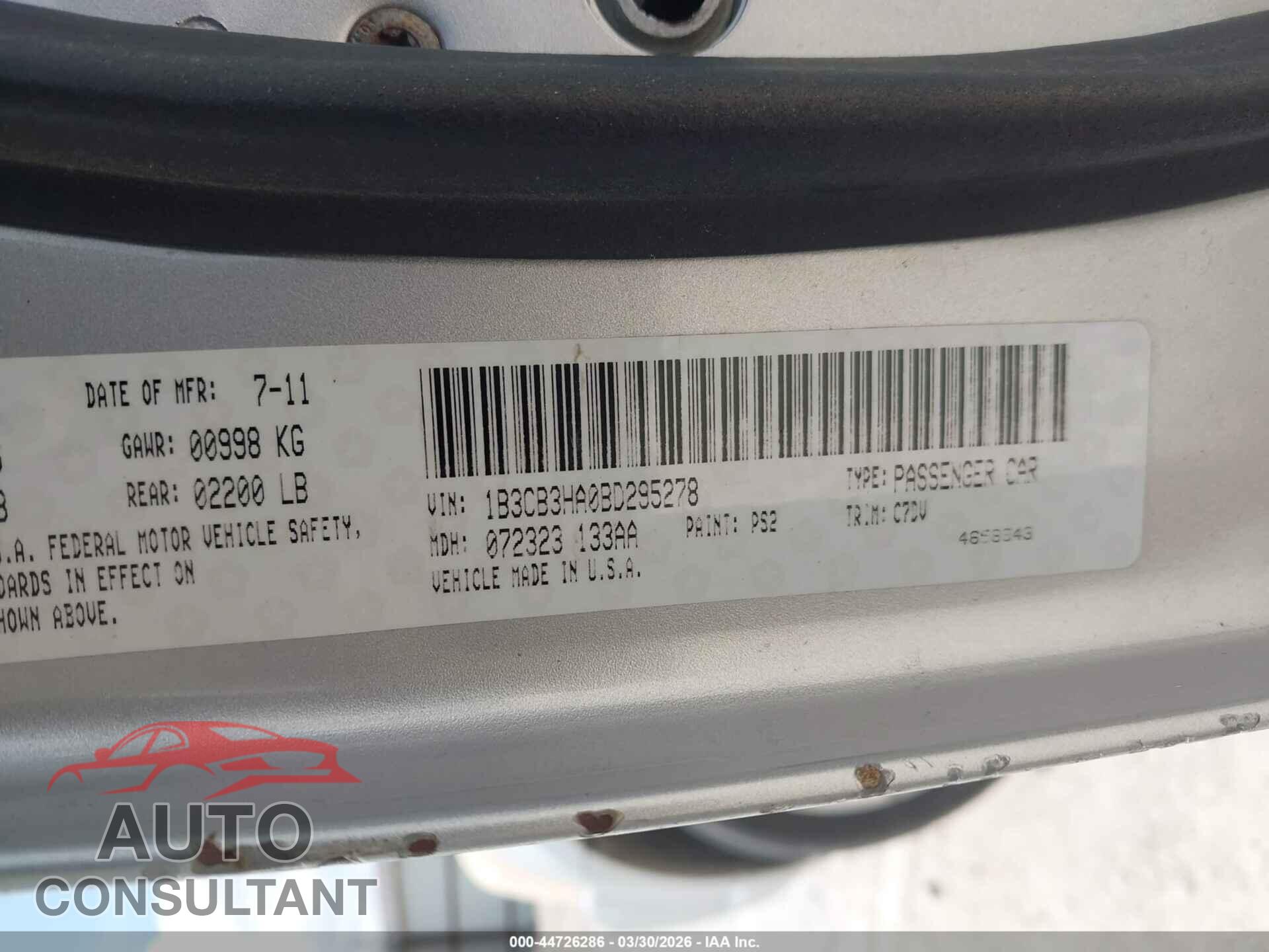 DODGE CALIBER 2011 - 1B3CB3HA0BD295278