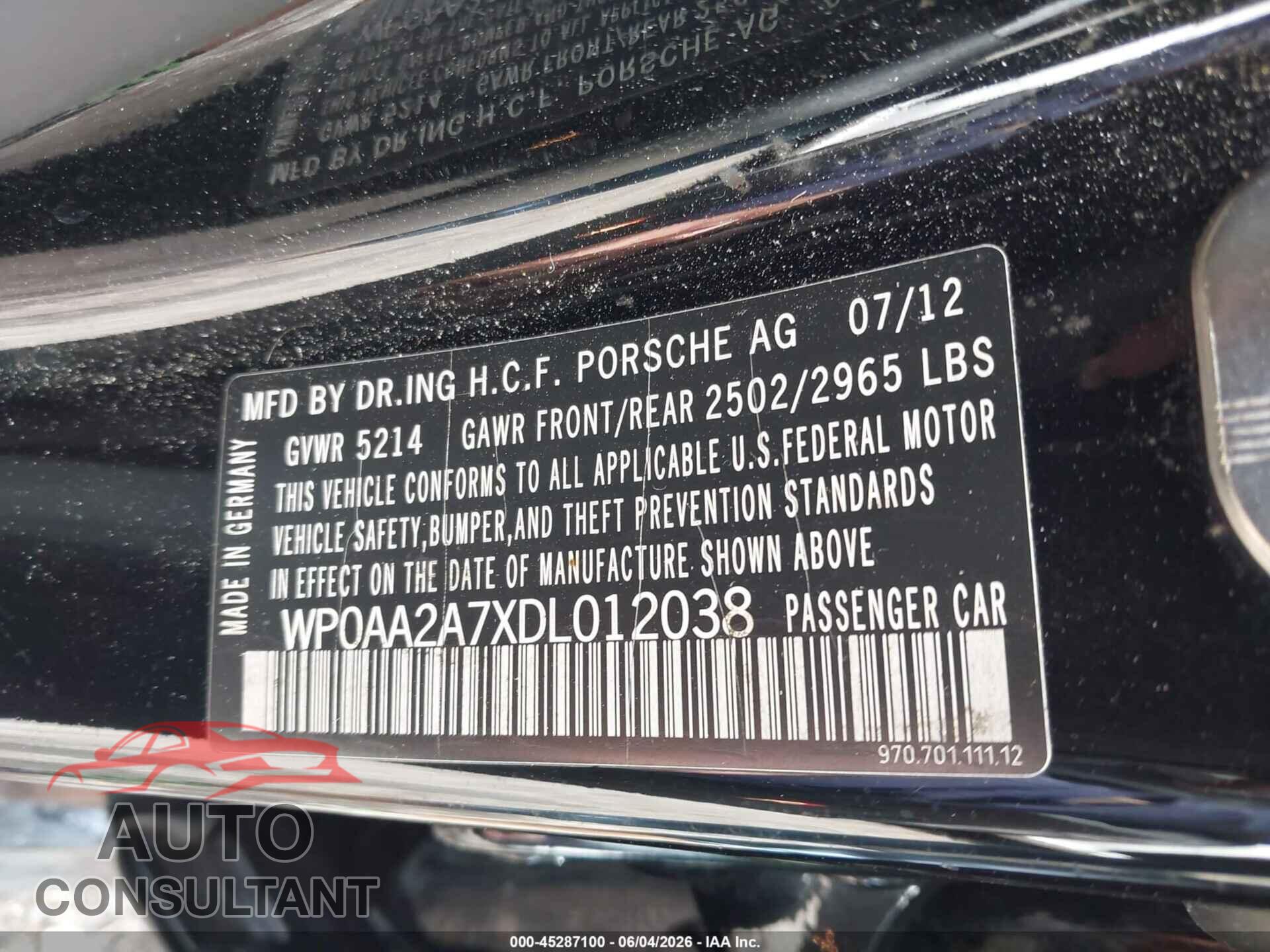 PORSCHE PANAMERA 2013 - WP0AA2A7XDL012038
