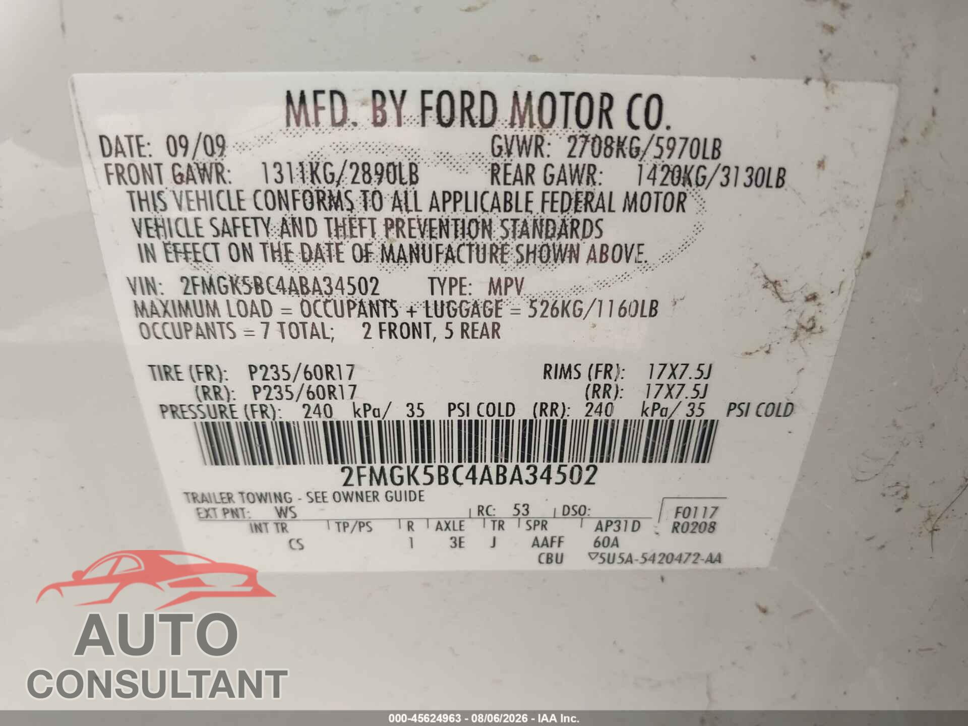 FORD FLEX 2010 - 2FMGK5BC4ABA34502