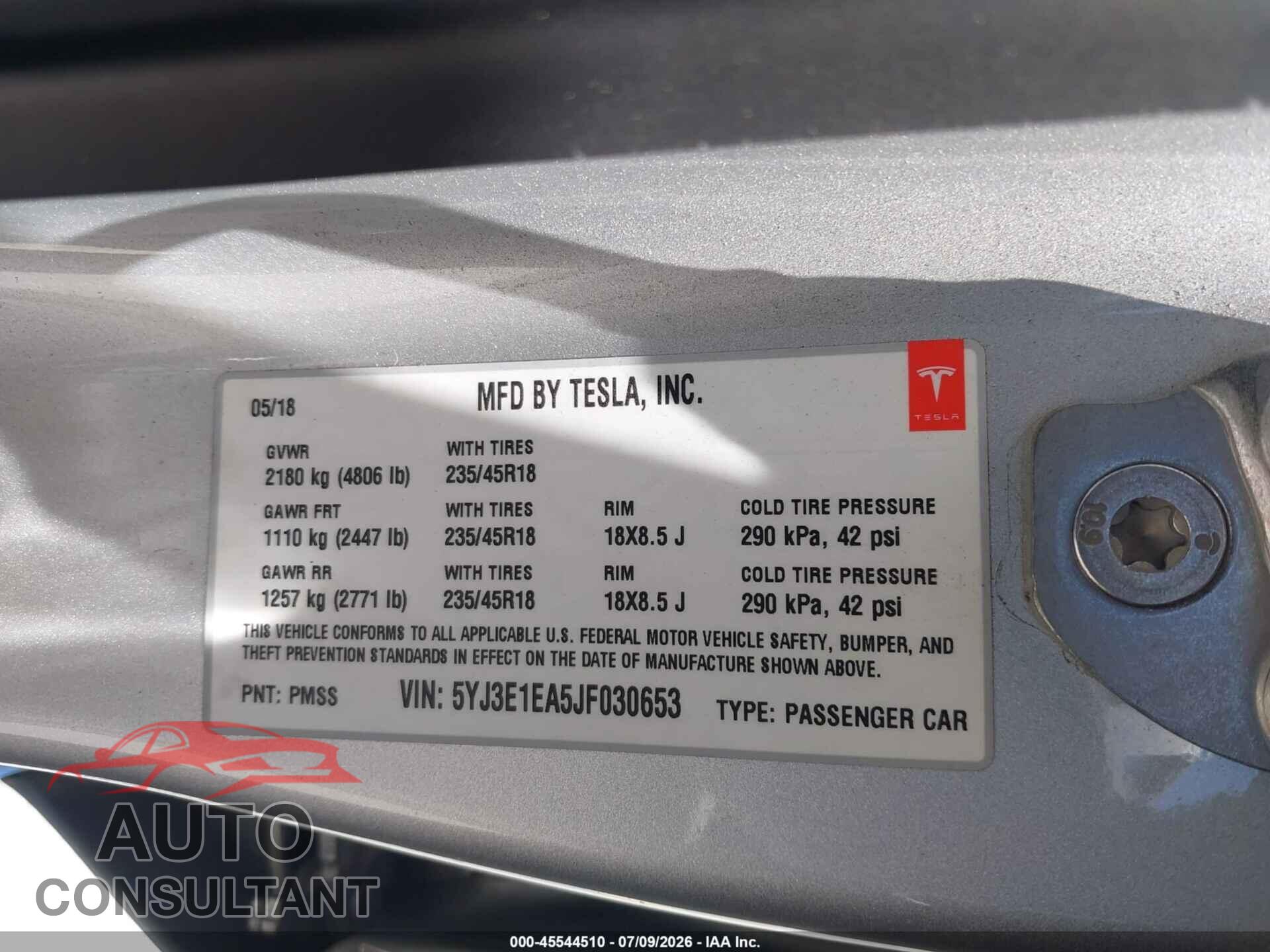 TESLA MODEL 3 2018 - 5YJ3E1EA5JF030653