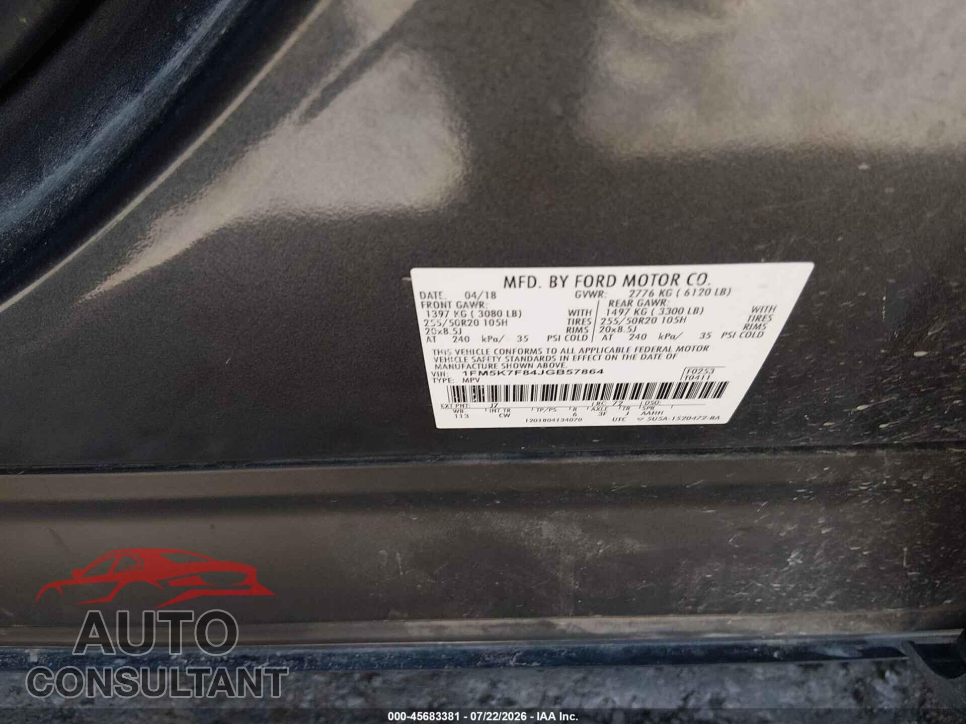 FORD EXPLORER 2018 - 1FM5K7F84JGB57864