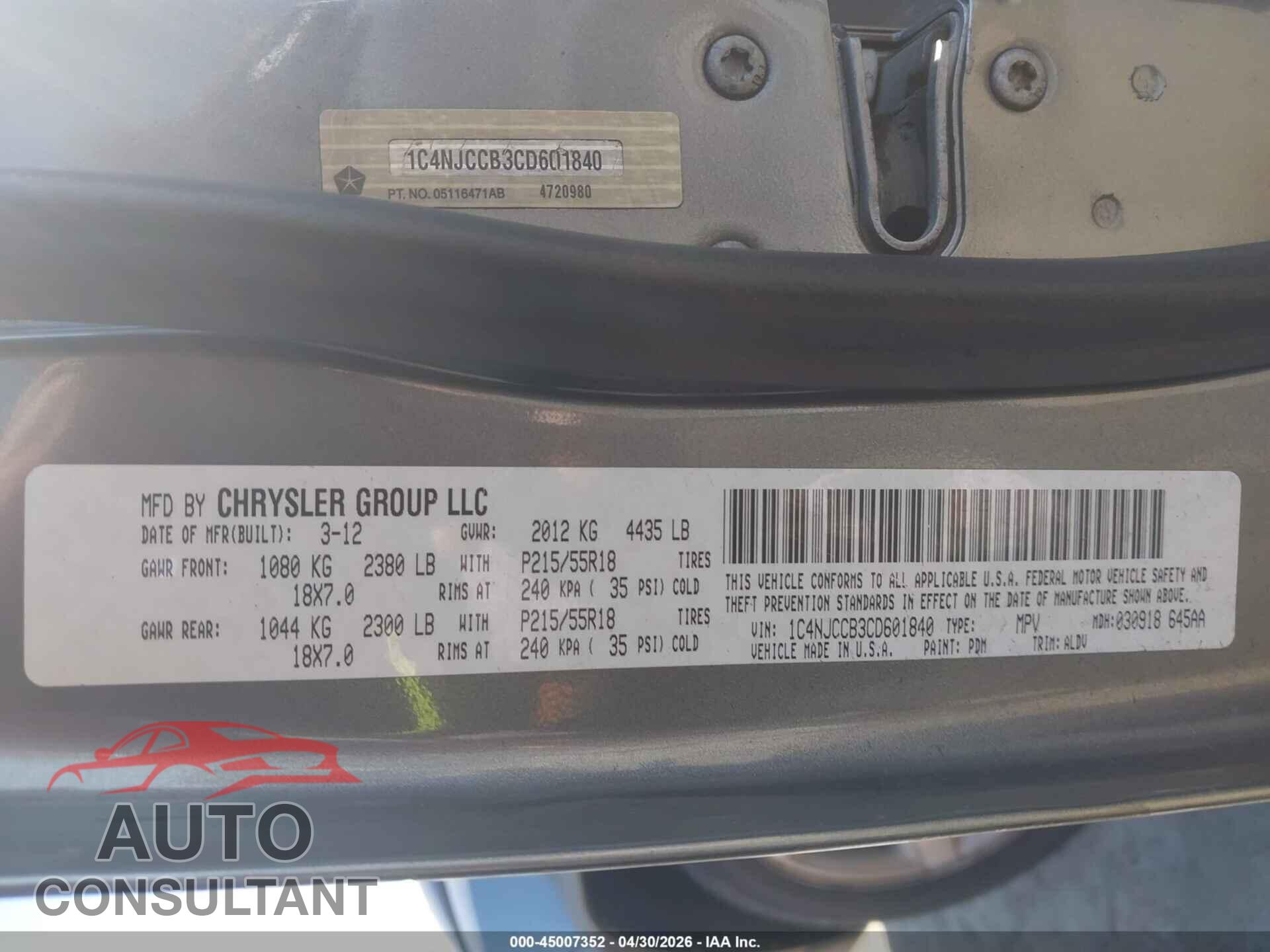 JEEP COMPASS 2012 - 1C4NJCCB3CD601840