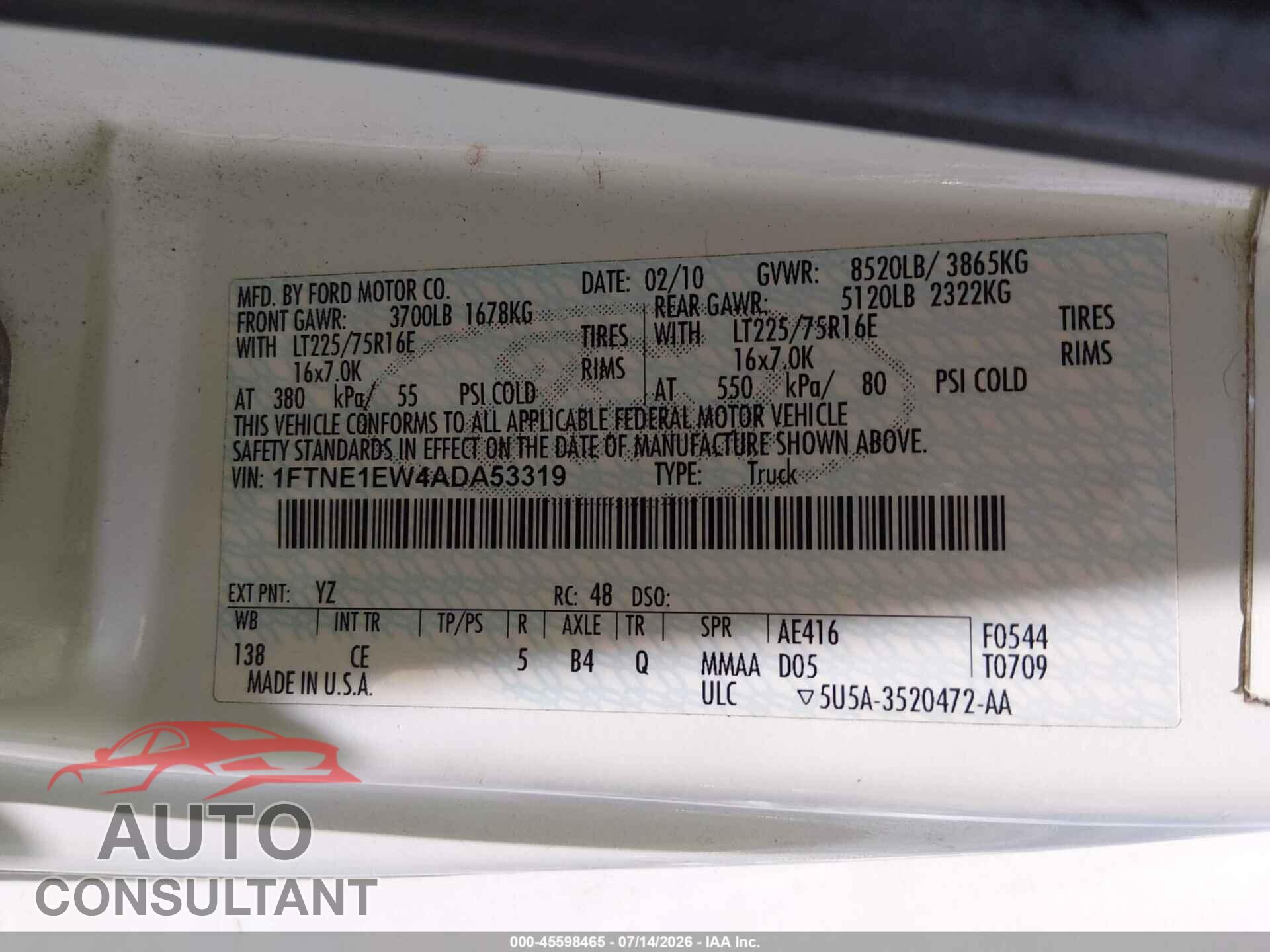 FORD E-150 2010 - 1FTNE1EW4ADA53319
