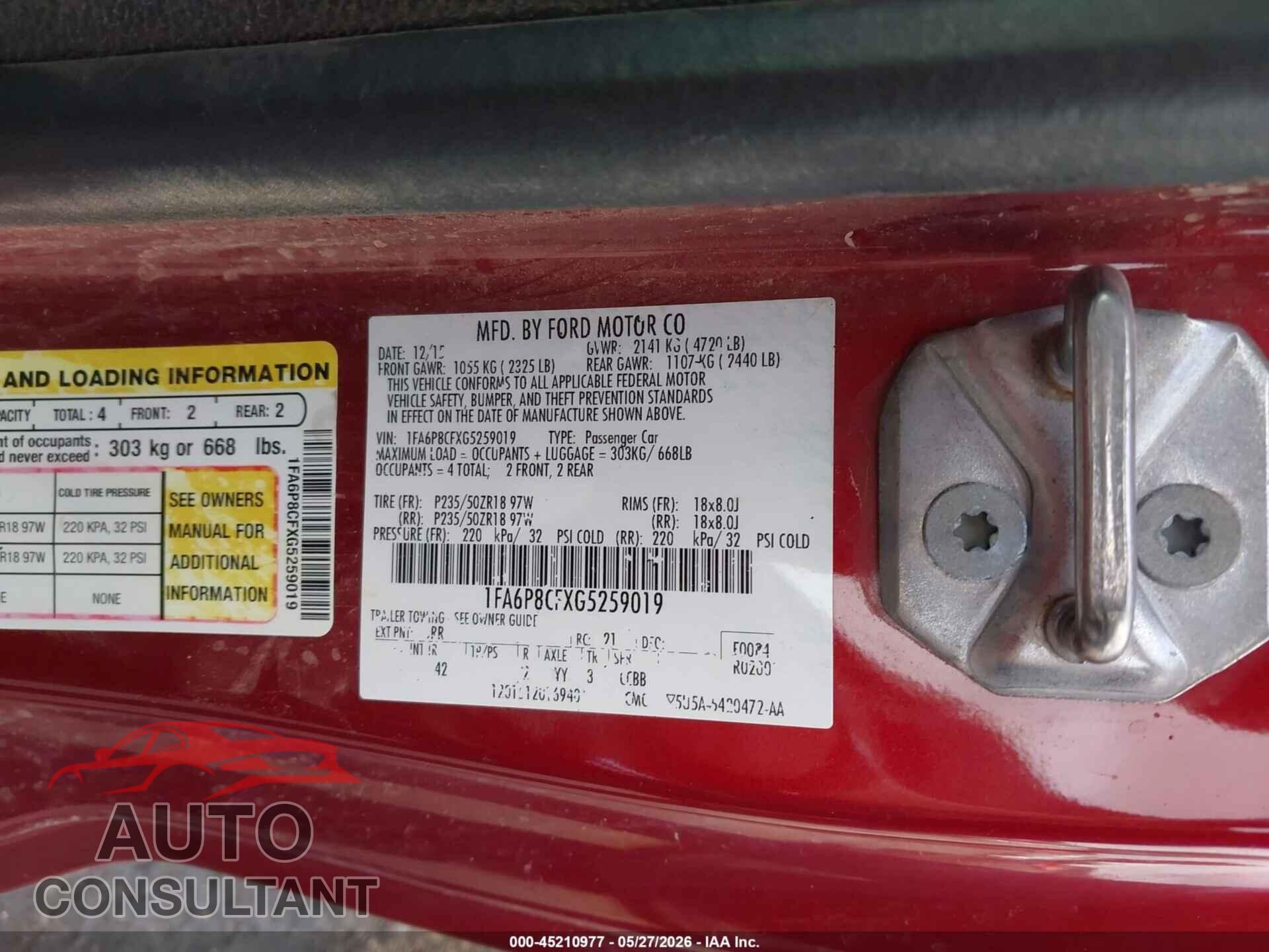 FORD MUSTANG 2016 - 1FA6P8CFXG5259019