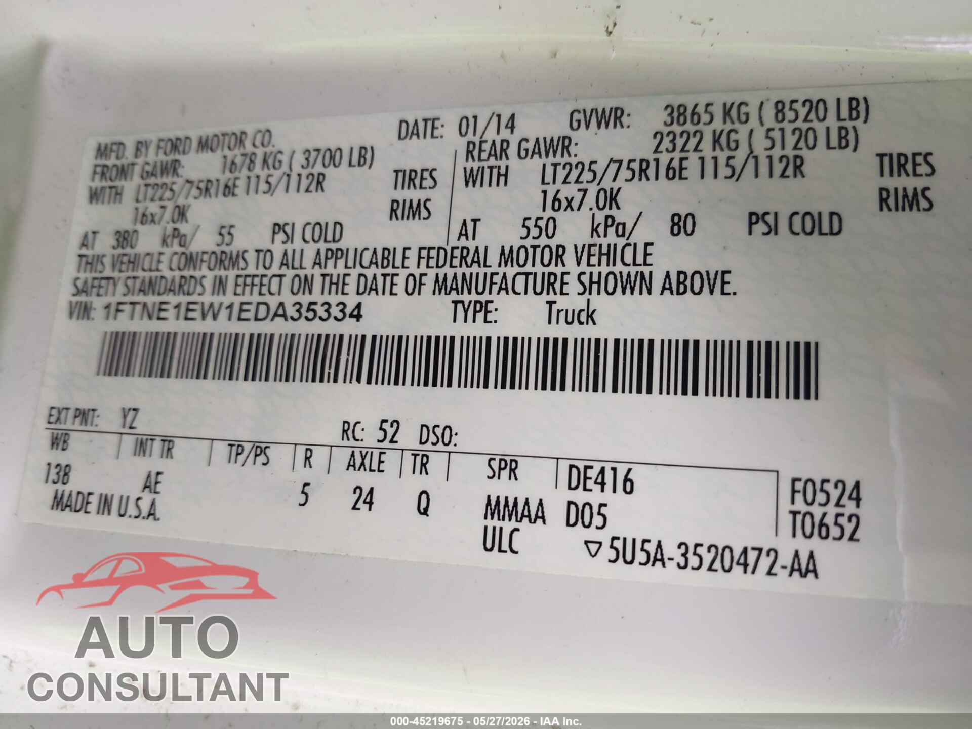 FORD E-150 2014 - 1FTNE1EW1EDA35334