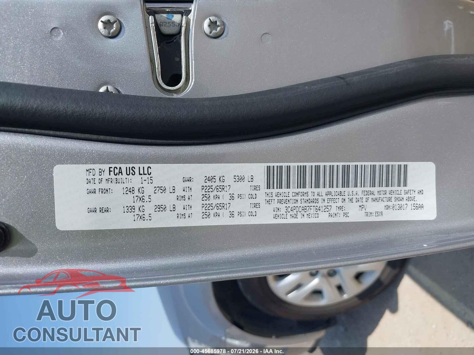 DODGE JOURNEY 2015 - 3C4PDCAB7FT641257