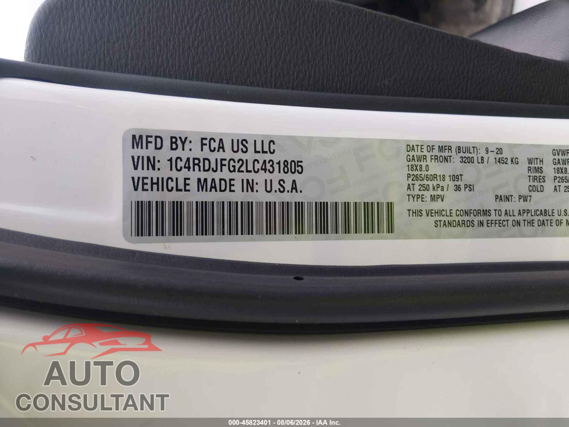 DODGE DURANGO 2020 - 1C4RDJFG2LC431805