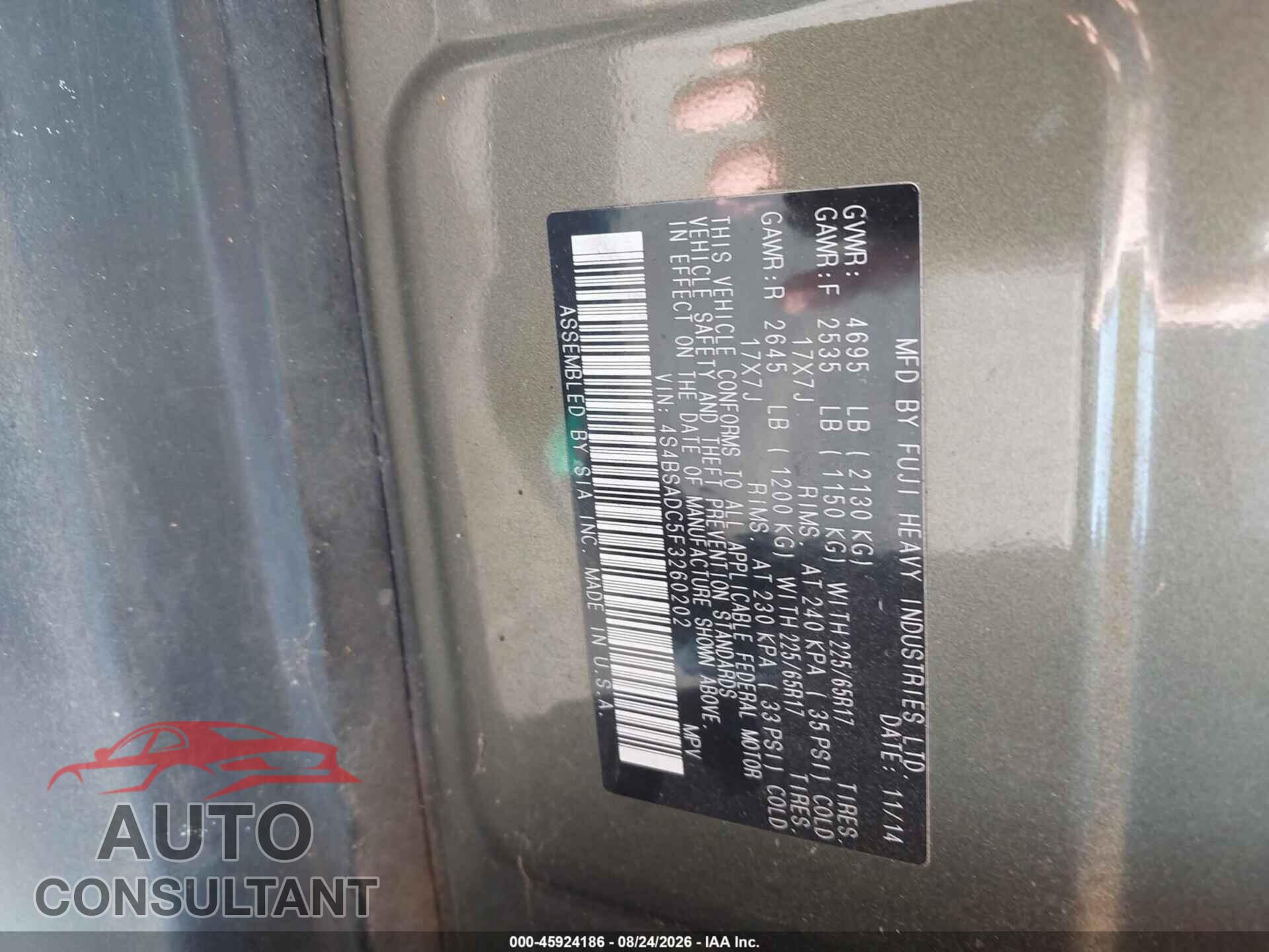 SUBARU OUTBACK 2015 - 4S4BSADC5F3260202