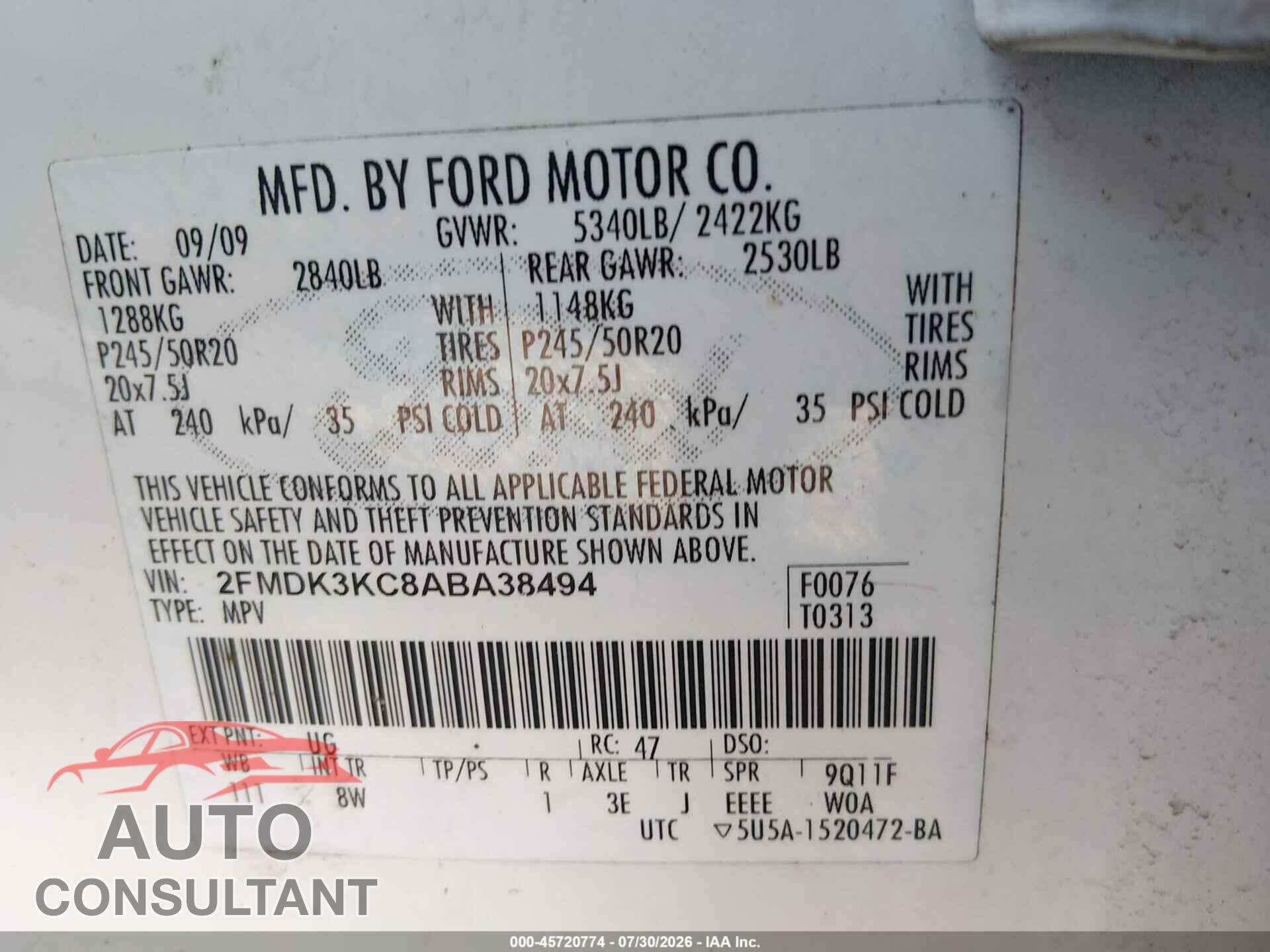 FORD EDGE 2010 - 2FMDK3KC8ABA38494