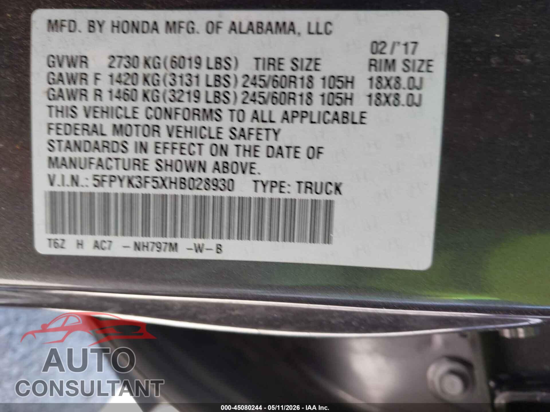 HONDA RIDGELINE 2017 - 5FPYK3F5XHB028930