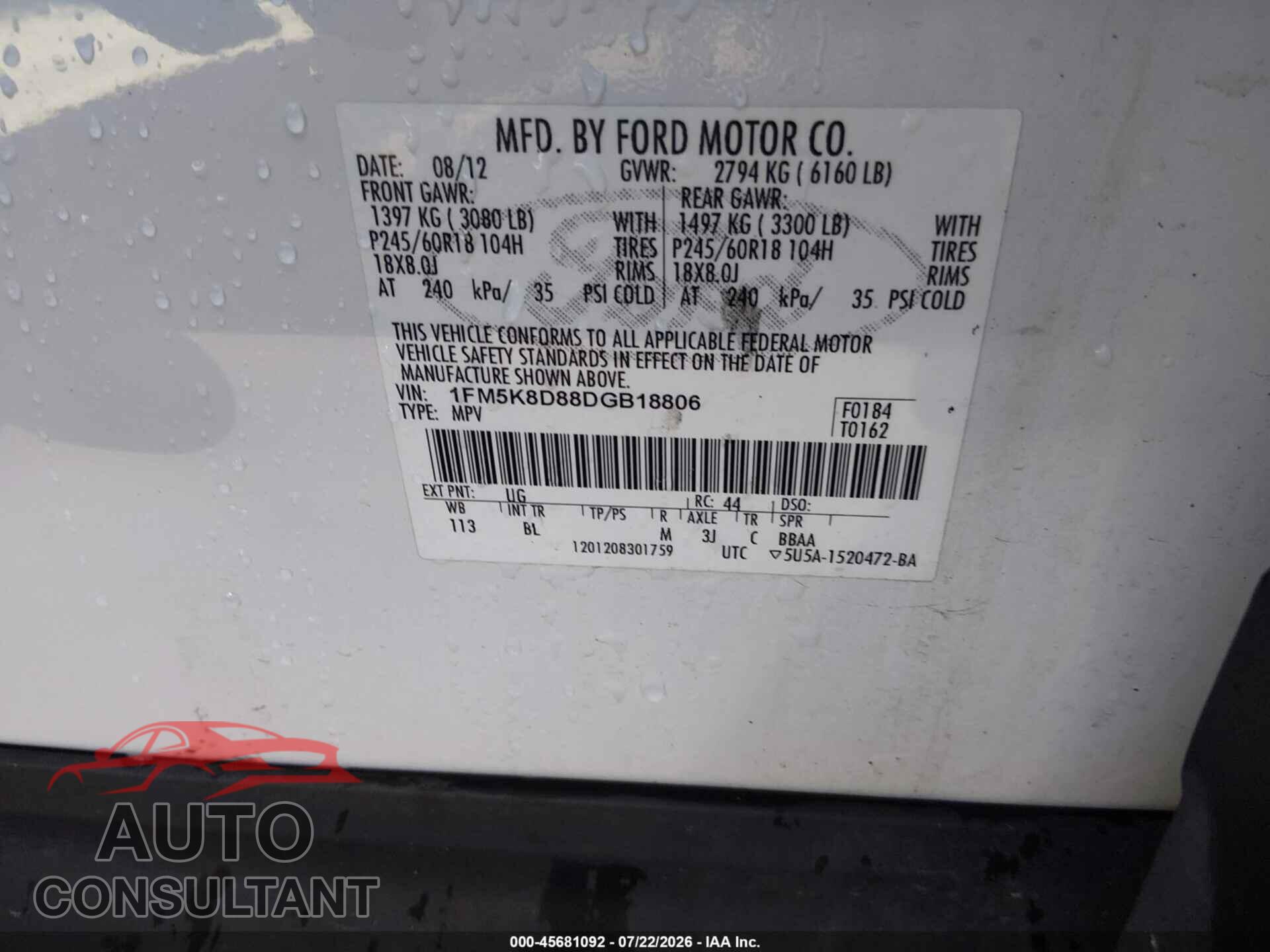 FORD EXPLORER 2013 - 1FM5K8D88DGB18806